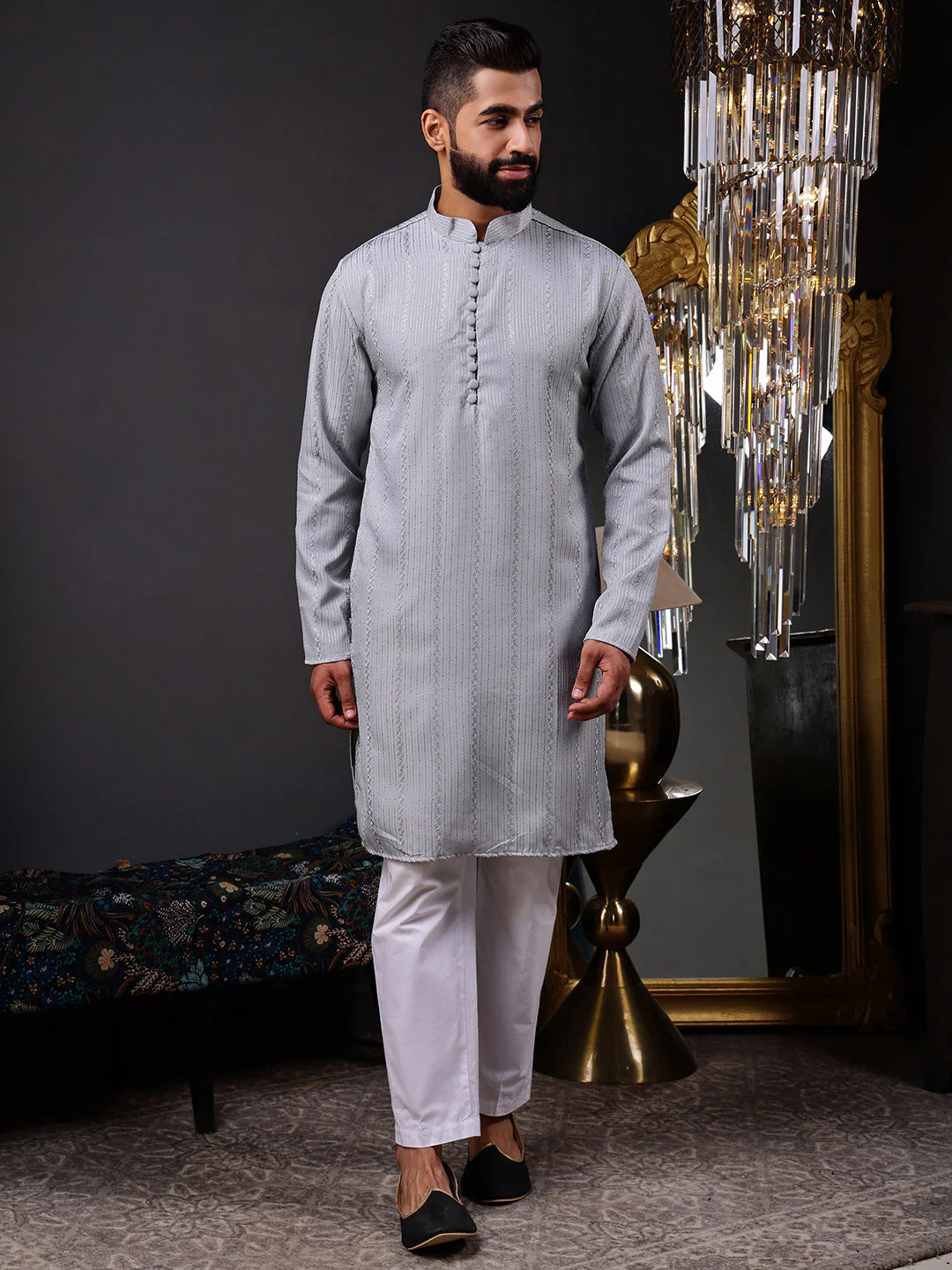 Grey Embroidered Kurta with Vertical Sequins Stripe - Image 6