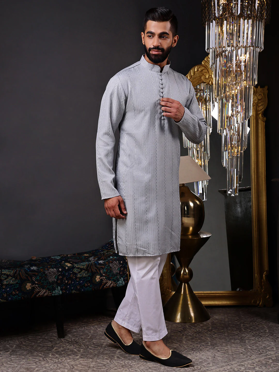 Grey Embroidered Kurta with Vertical Sequins Stripe - Image 7