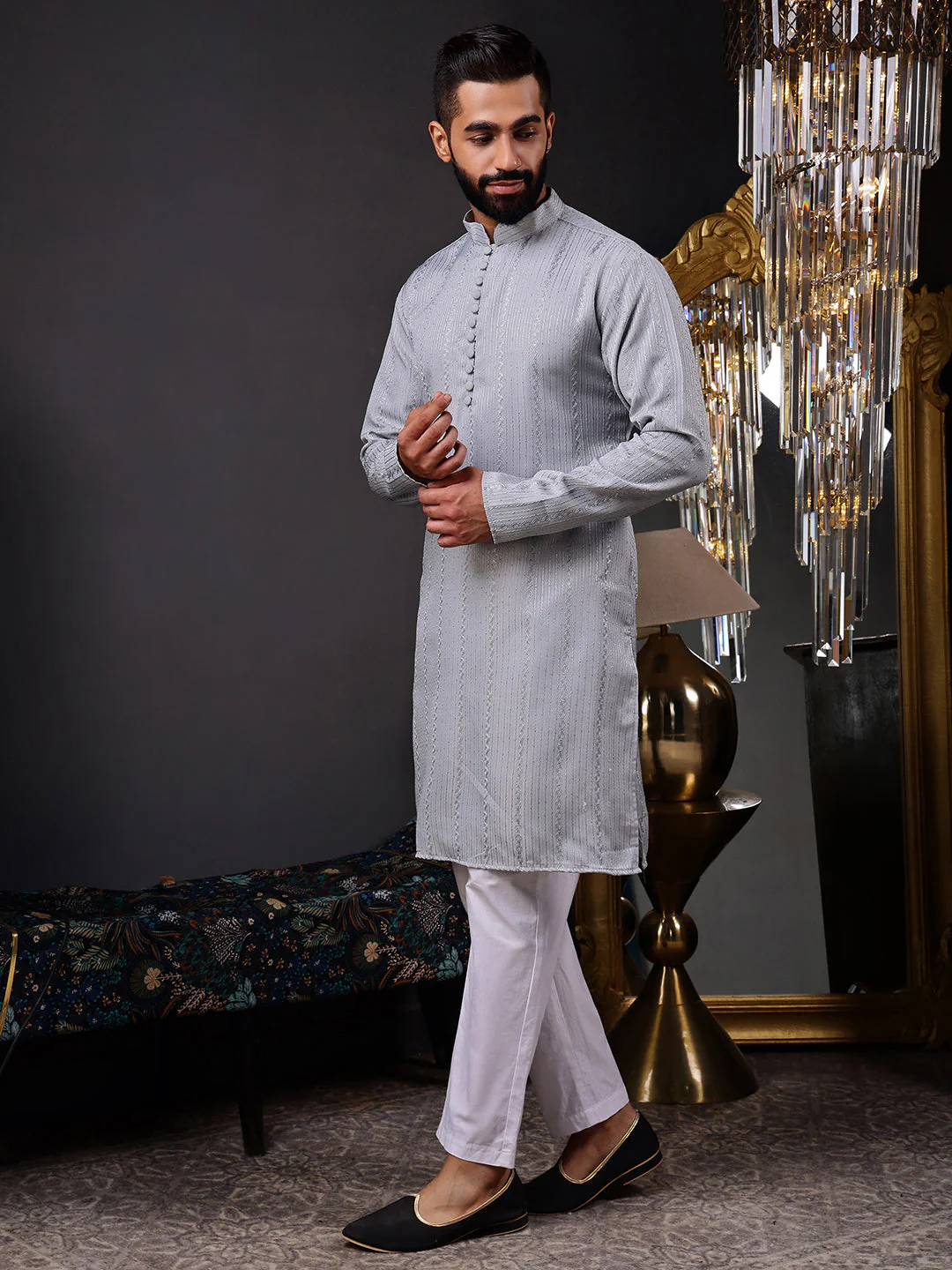 Grey Embroidered Kurta with Vertical Sequins Stripe - Image 8