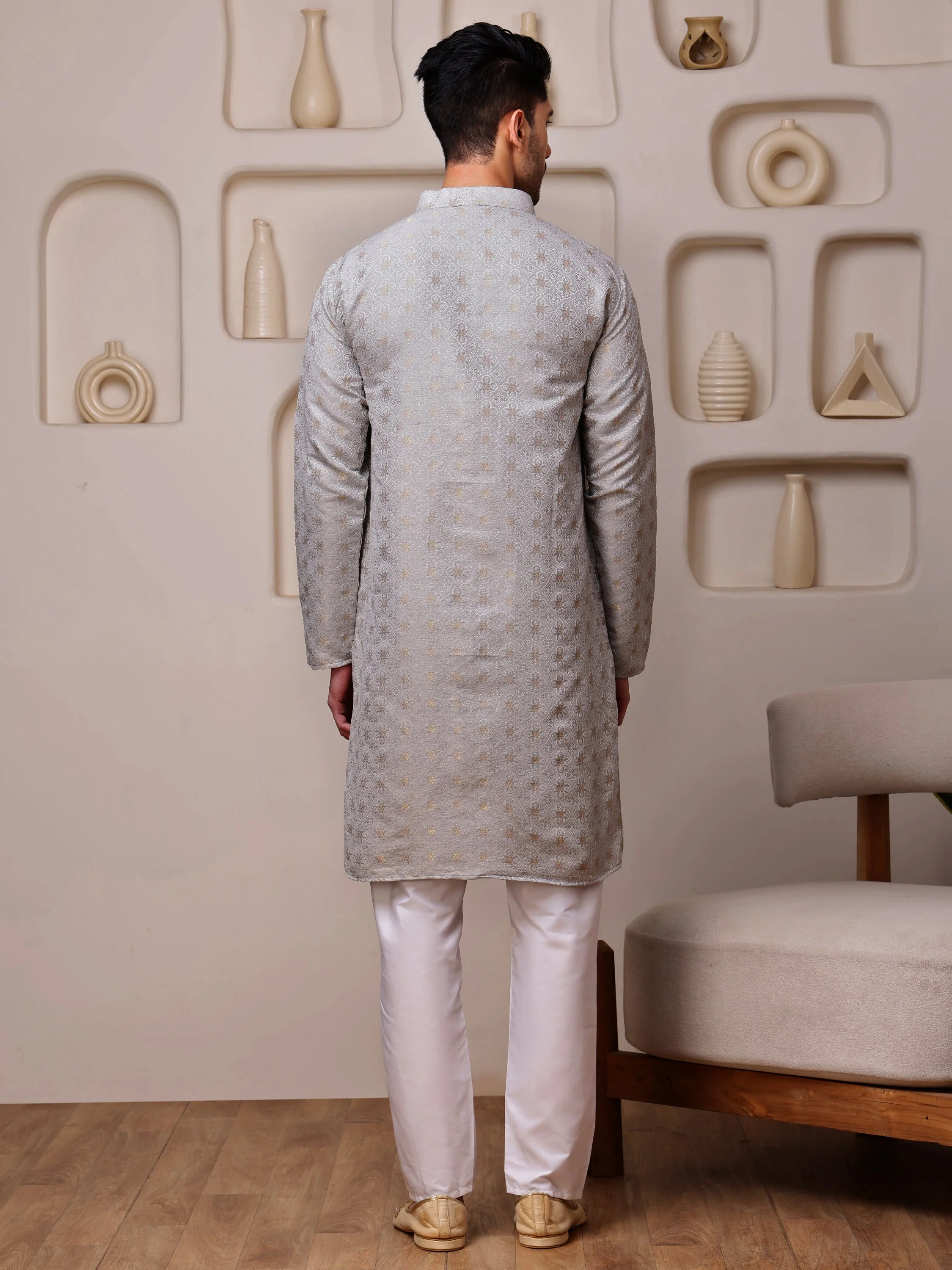 Grey Jacquard Kurta with All-over Floral Motifs - Image 6