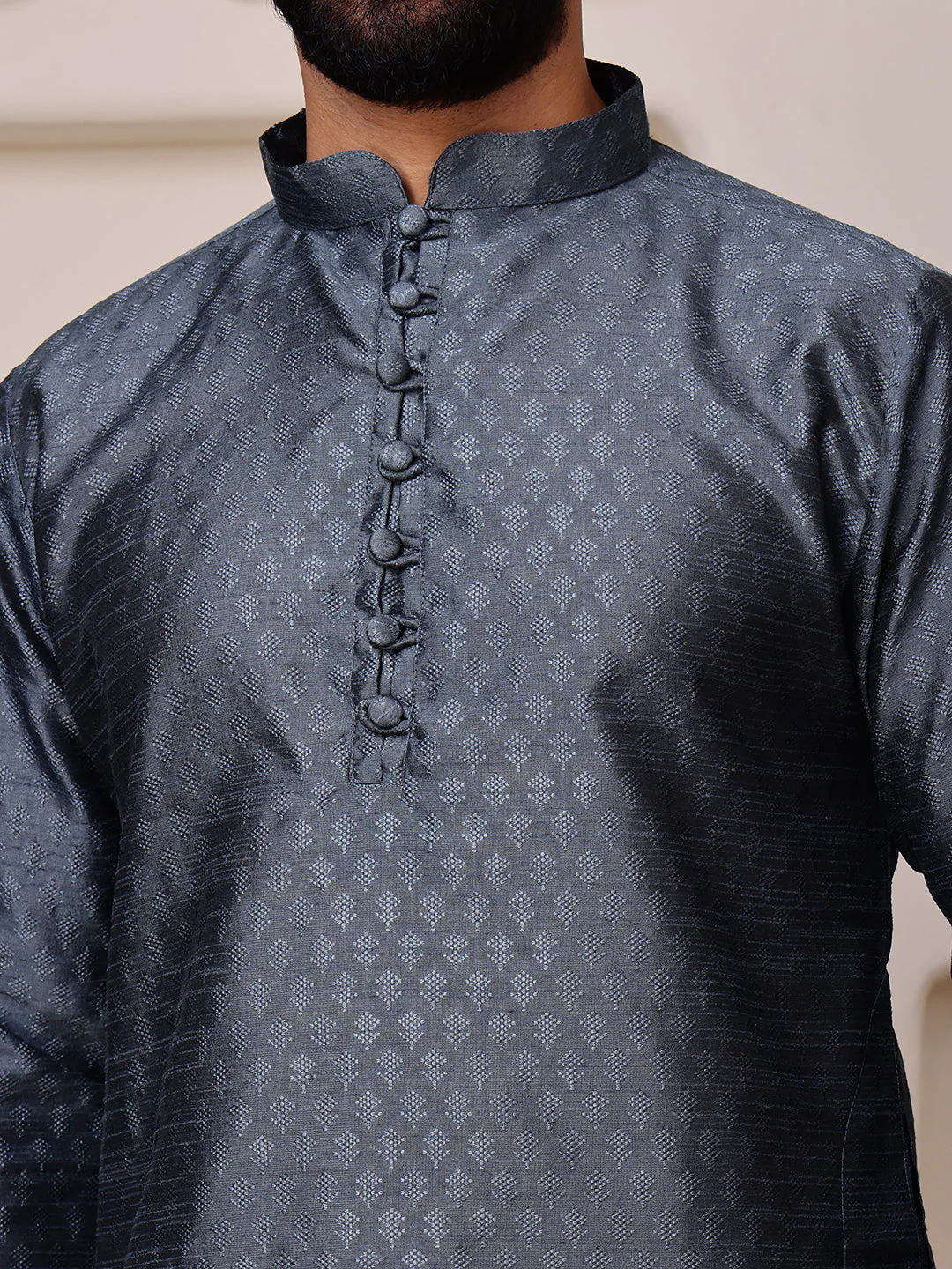 Grey Jacquard Kurta with Mini Buti - Image 3