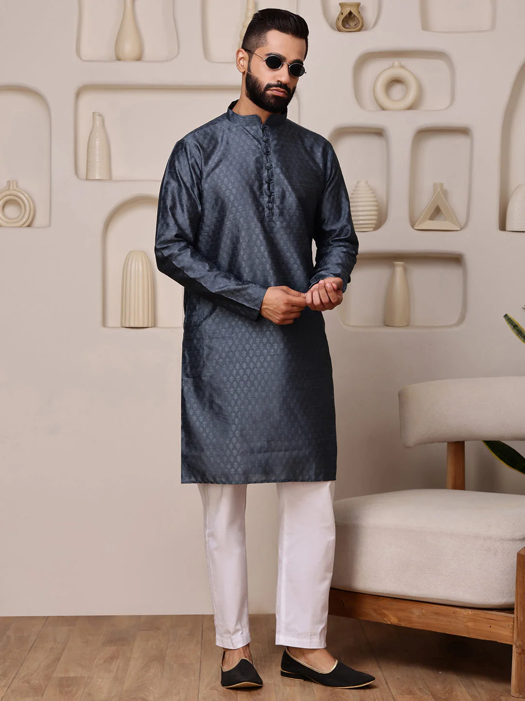 Grey Jacquard Kurta with Mini Buti - Image 6
