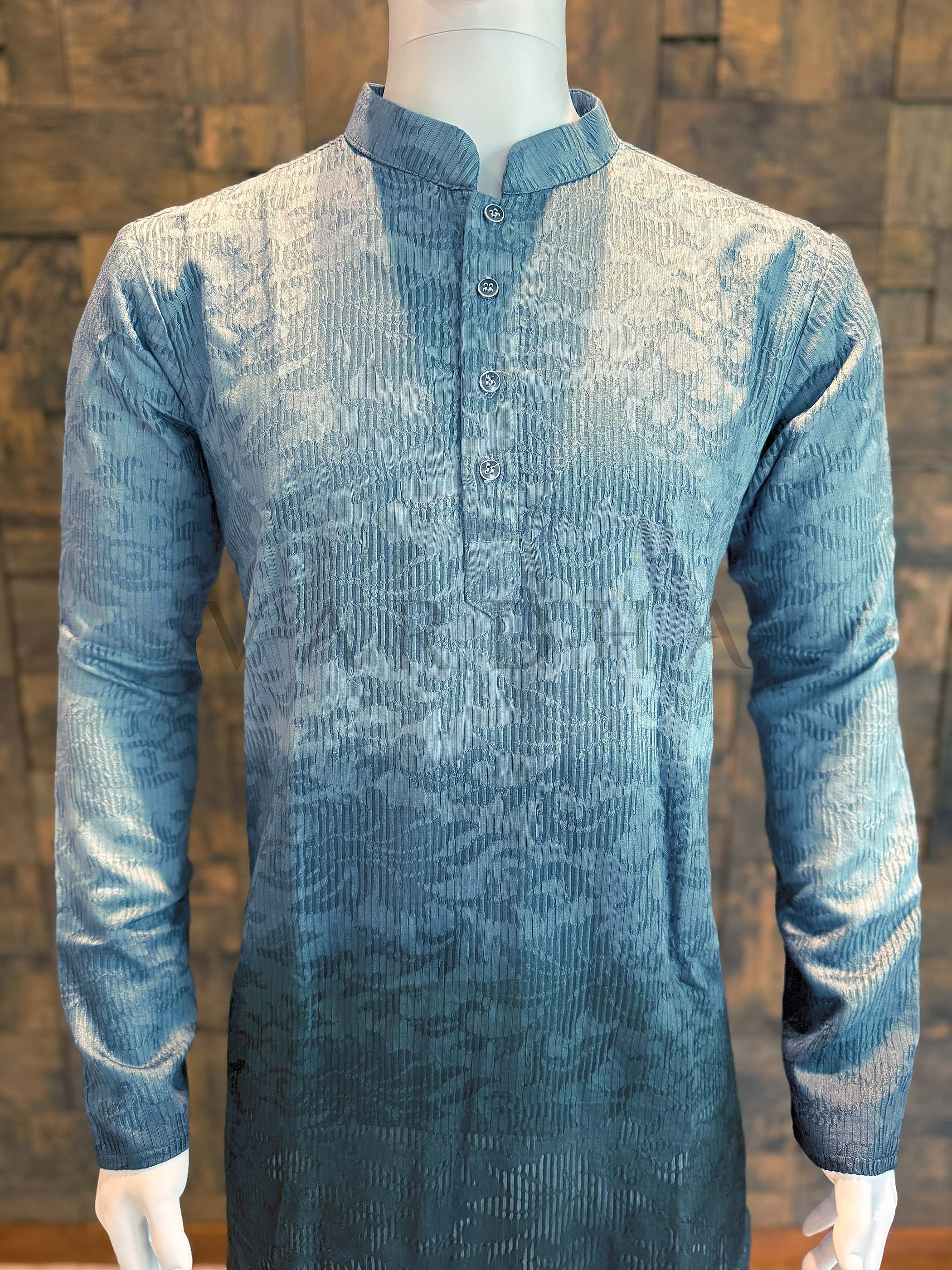 Grey Ombre Viscose Kurta with Textured Jacquard - Image 3