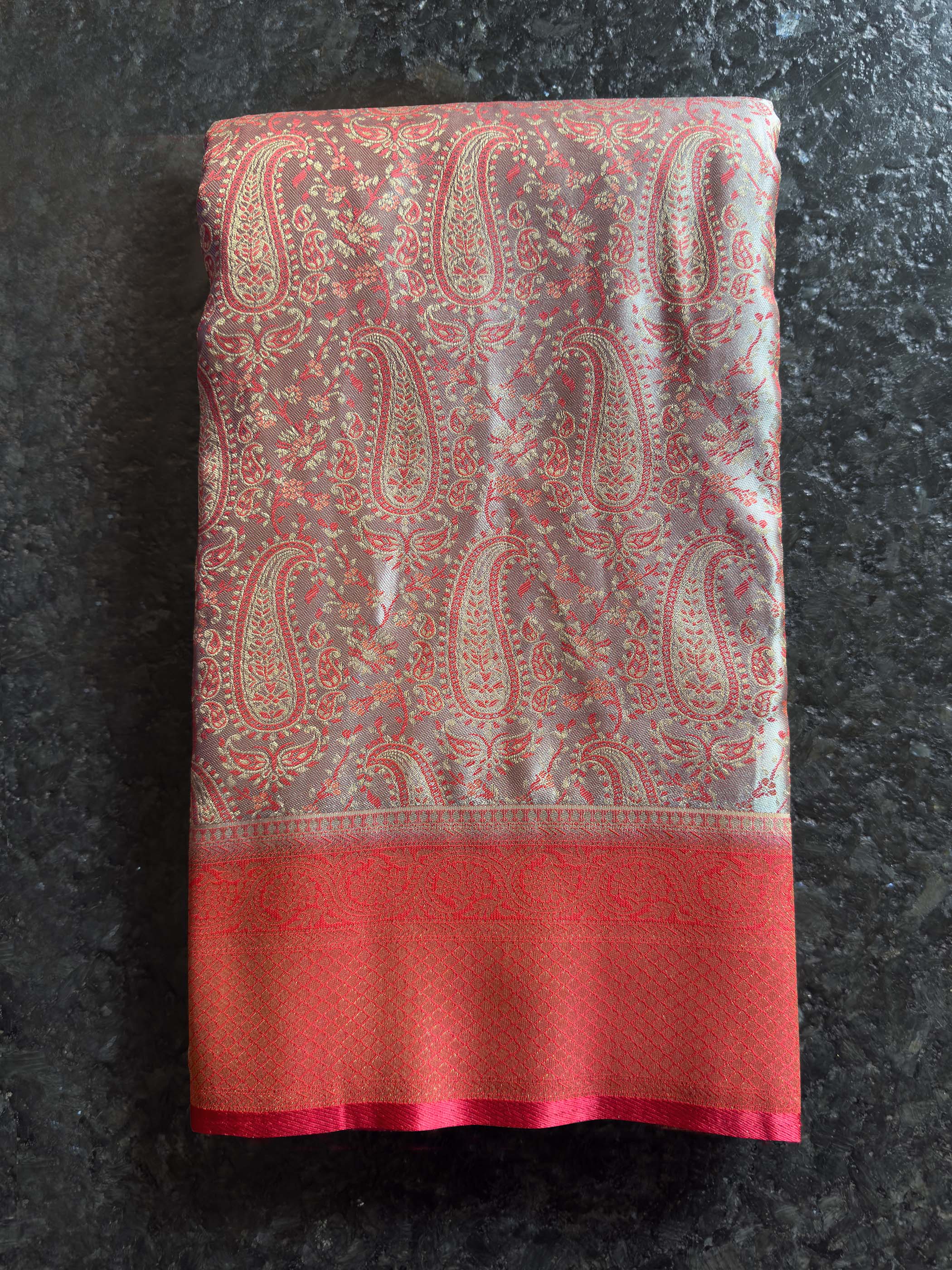 Grey-Red Tanchoi Satin Silk Saree with Zari Work - Image 5