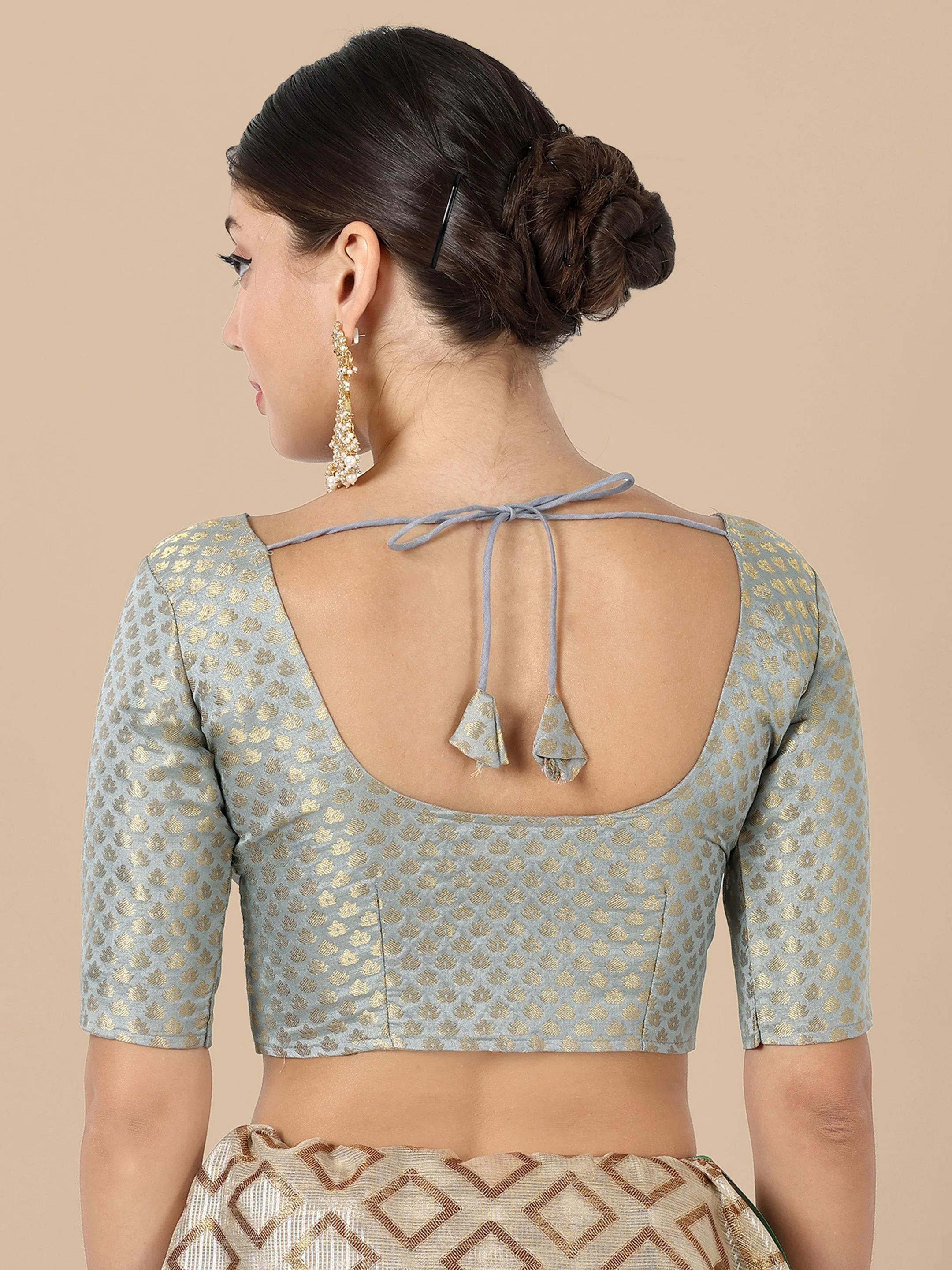 Grey Round Neck Brocade Blouse - Image 3