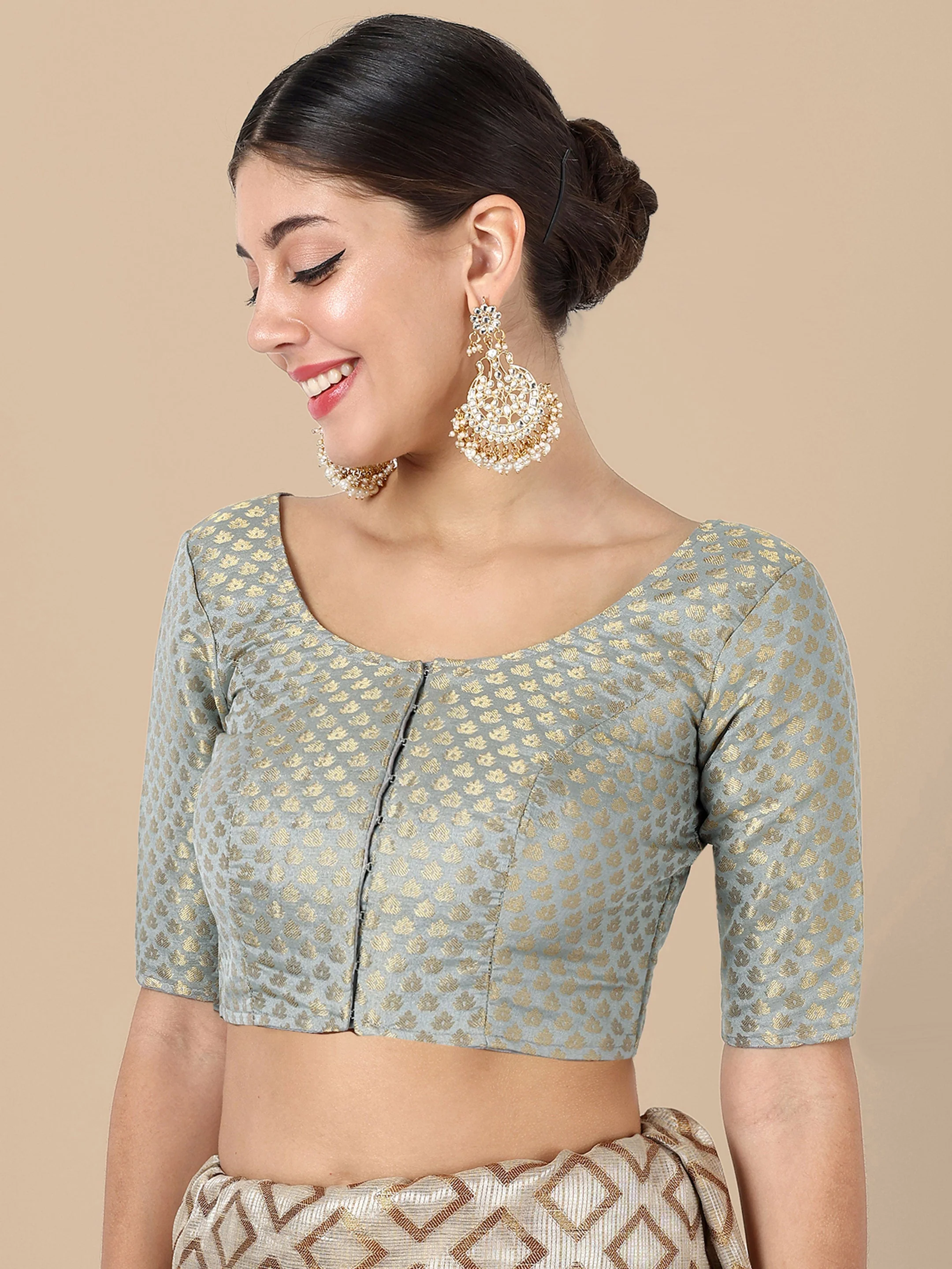 Grey Round Neck Brocade Blouse - Image 4