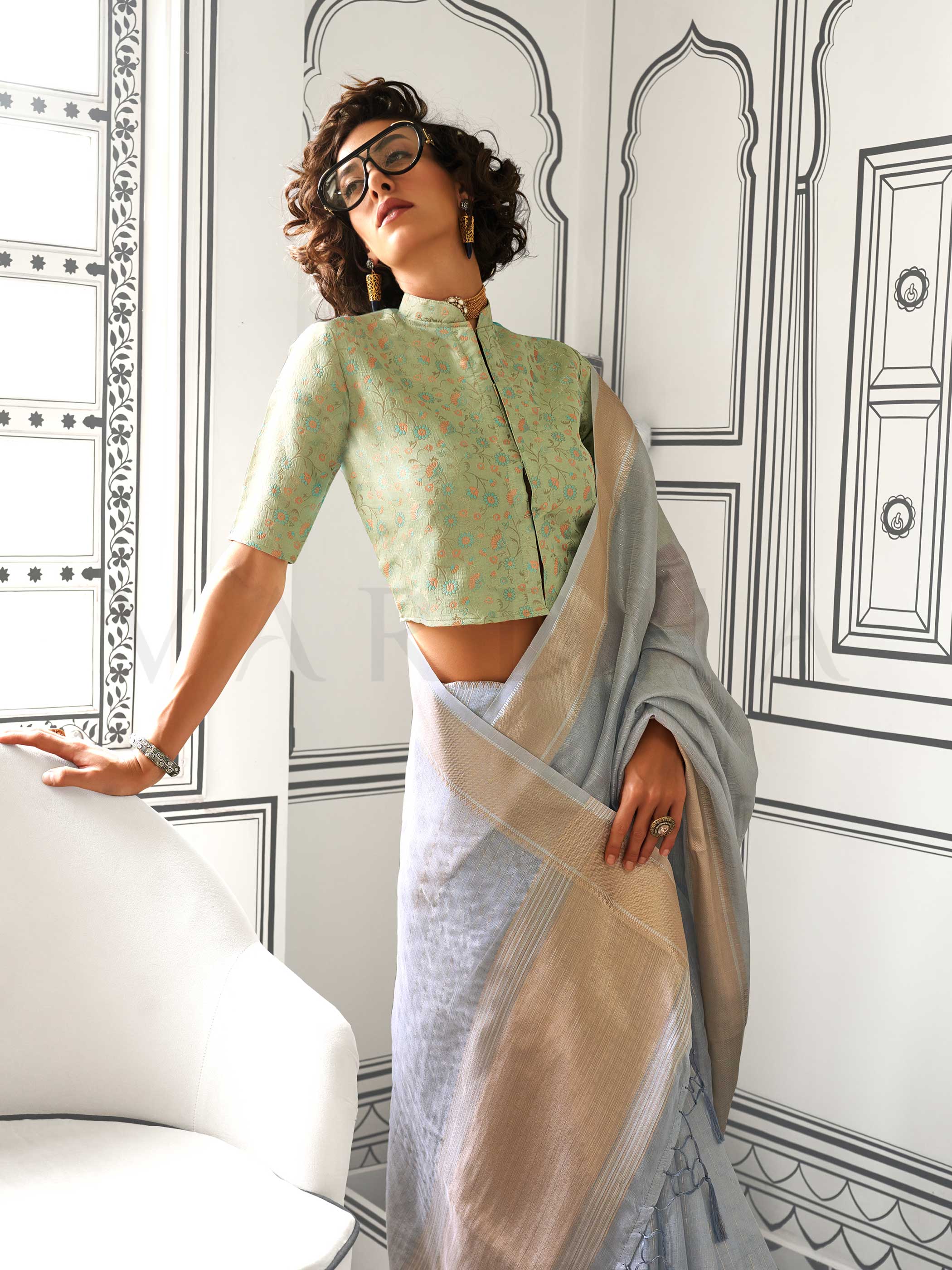 Grey Taupe Saree in Moss Chiffon - Image 5