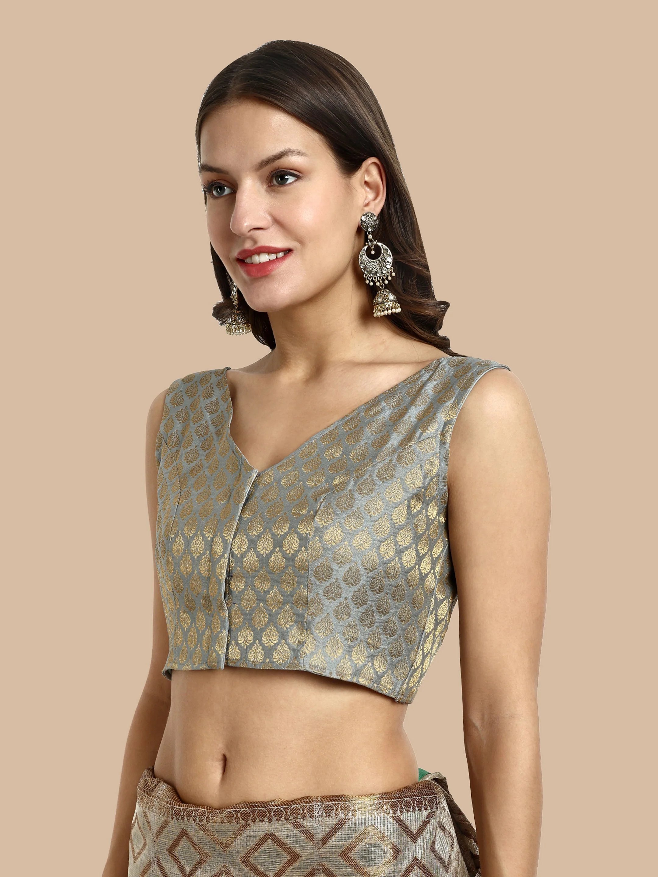 Grey V-Neck Sleeveless Brocade Blouse - Image 3
