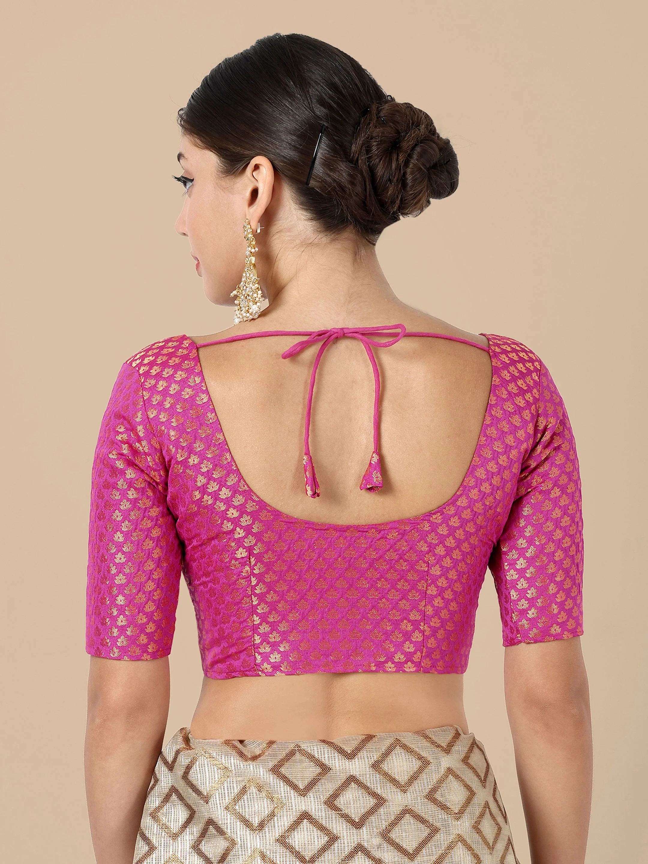 Hot Pink Round Neck Brocade Blouse - Image 3