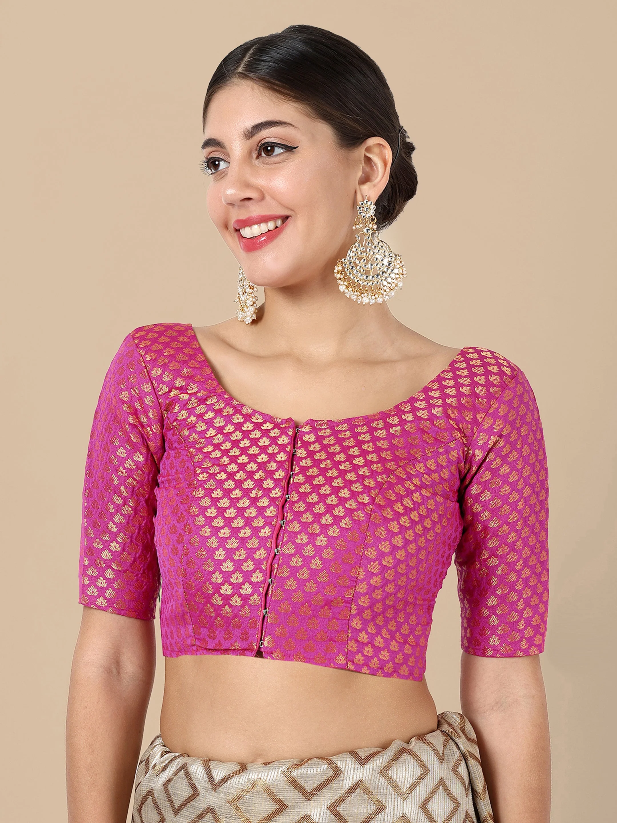 Hot Pink Round Neck Brocade Blouse - Image 4