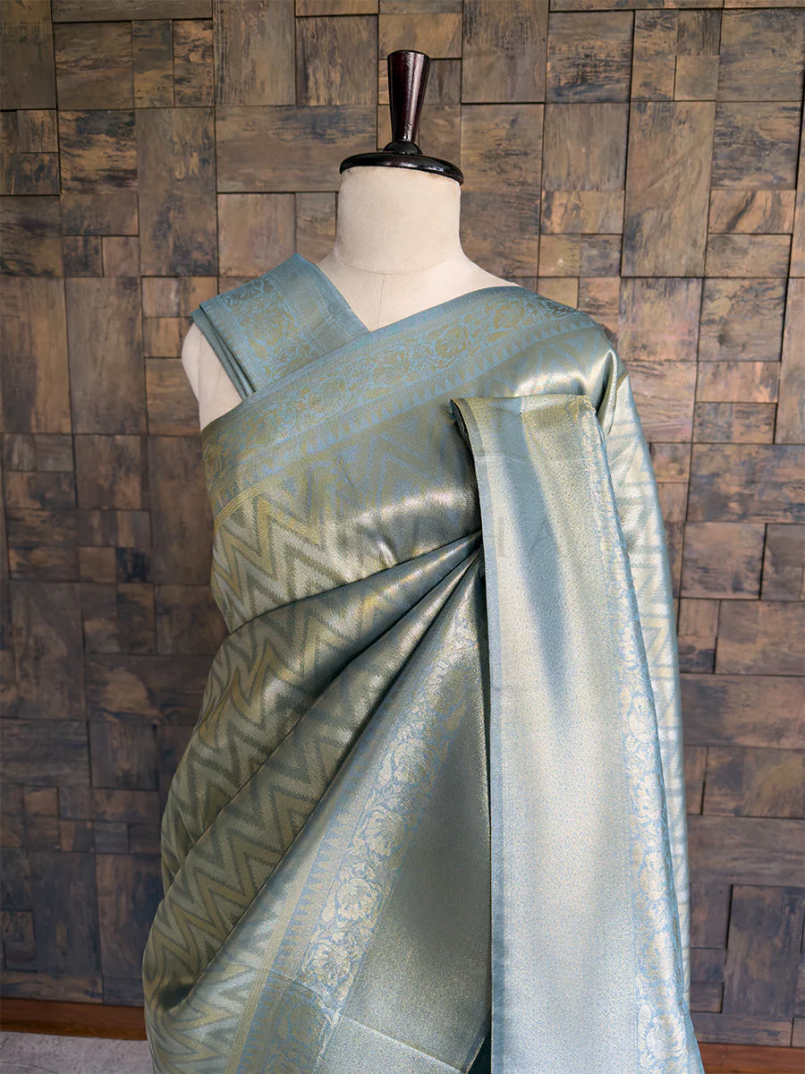 Icy Blue Kanjivaram Tissue Silk Saree with Gold Zari Weave - Image 2
