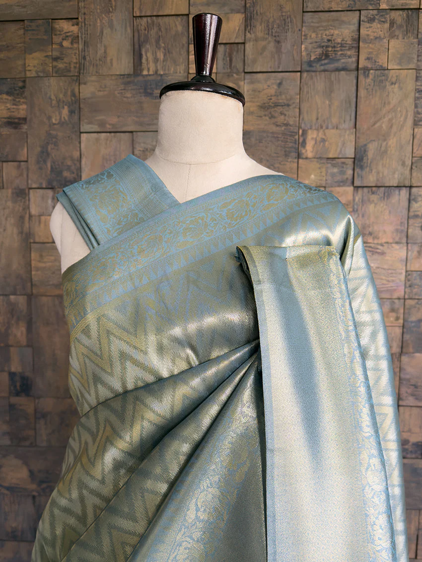 Icy Blue Kanjivaram Tissue Silk Saree with Gold Zari Weave - Image 4