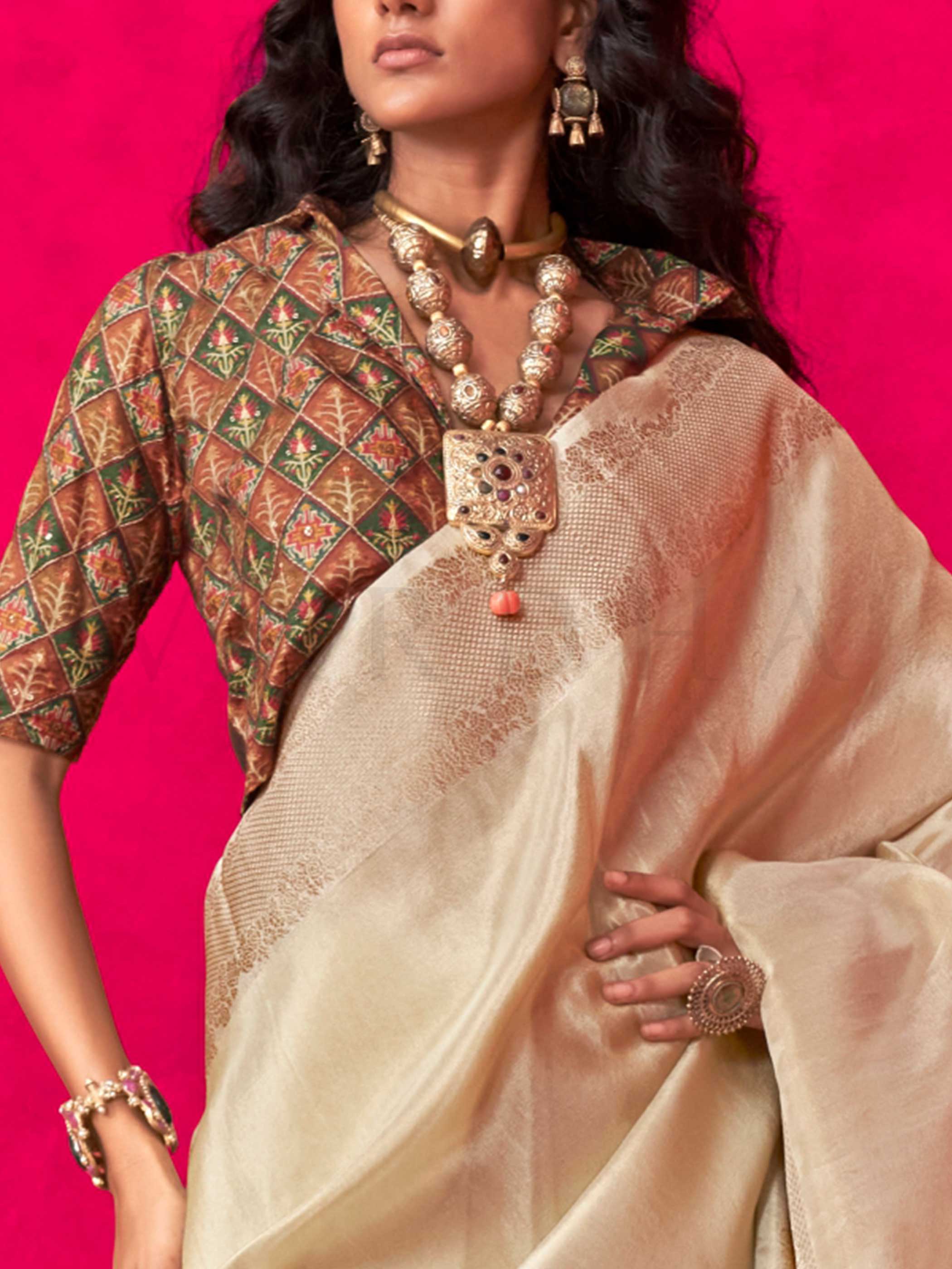 Ivory Beige Tissue Viscose Silk Saree with Woven Zari Work - Image 4