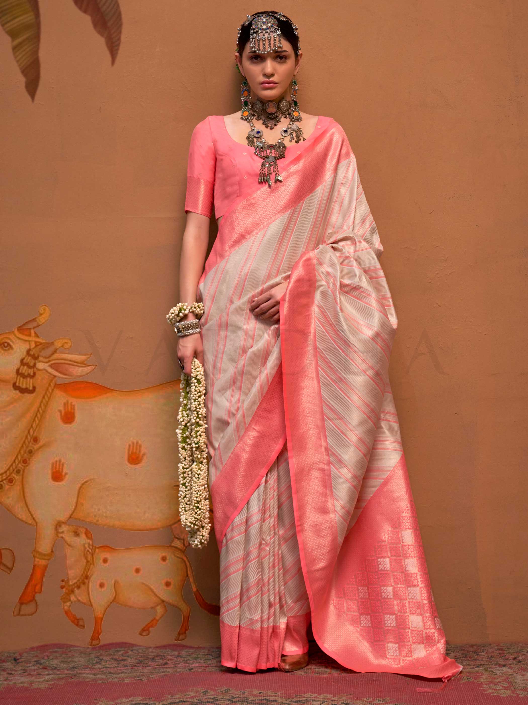 Ivory–Coral Pink Kanjivaram Silk Saree