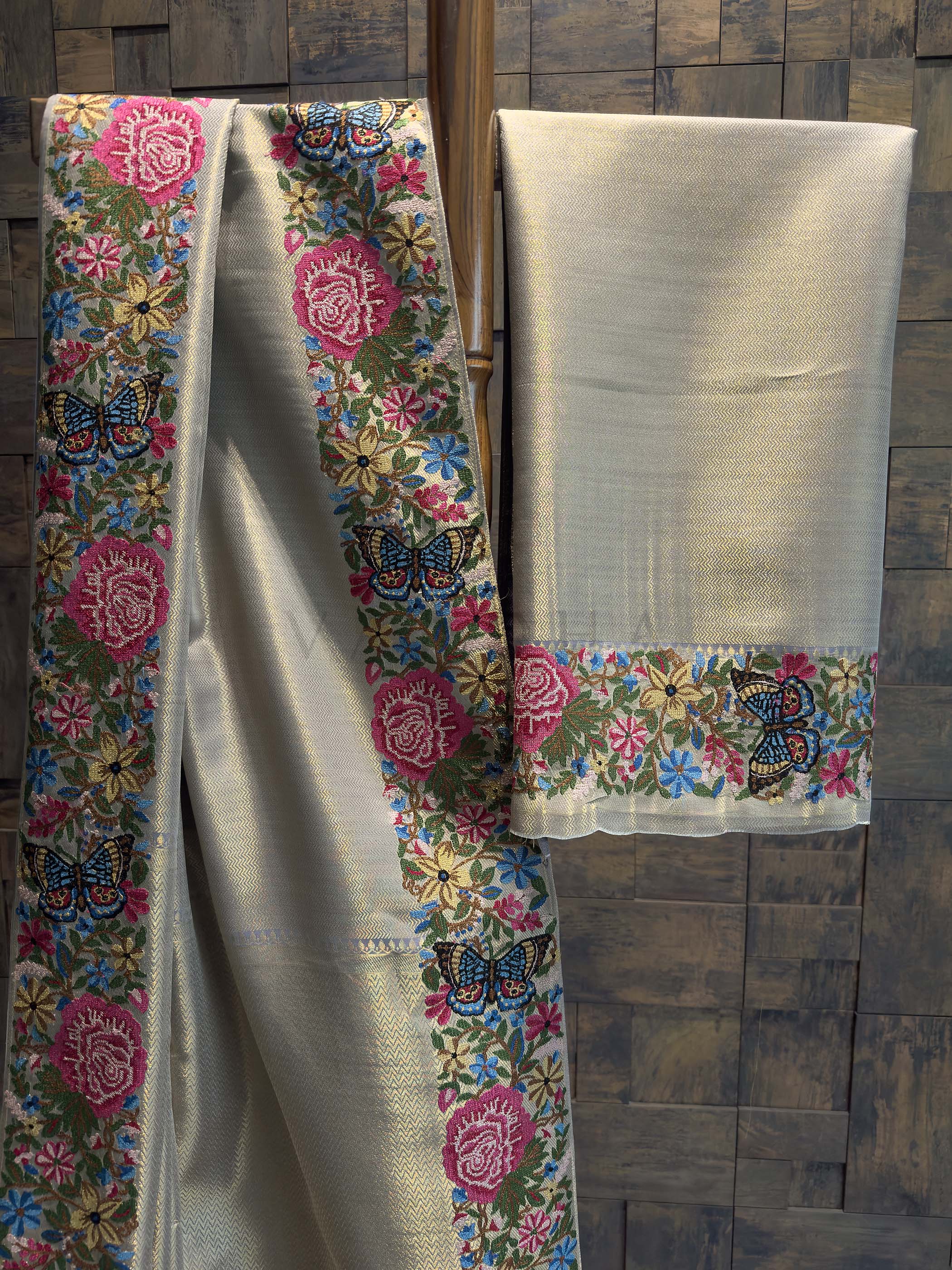 Lavender Grey Tissue Kanjivaram Silk Saree with Parsi Gara Embroidery - Image 4