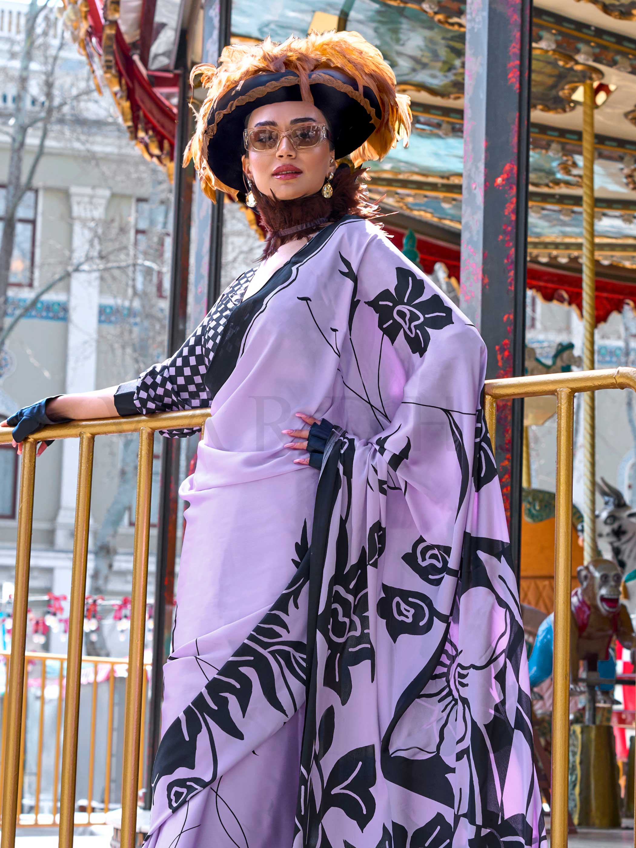 Lavender Printed Satin Crepe Saree - Image 4