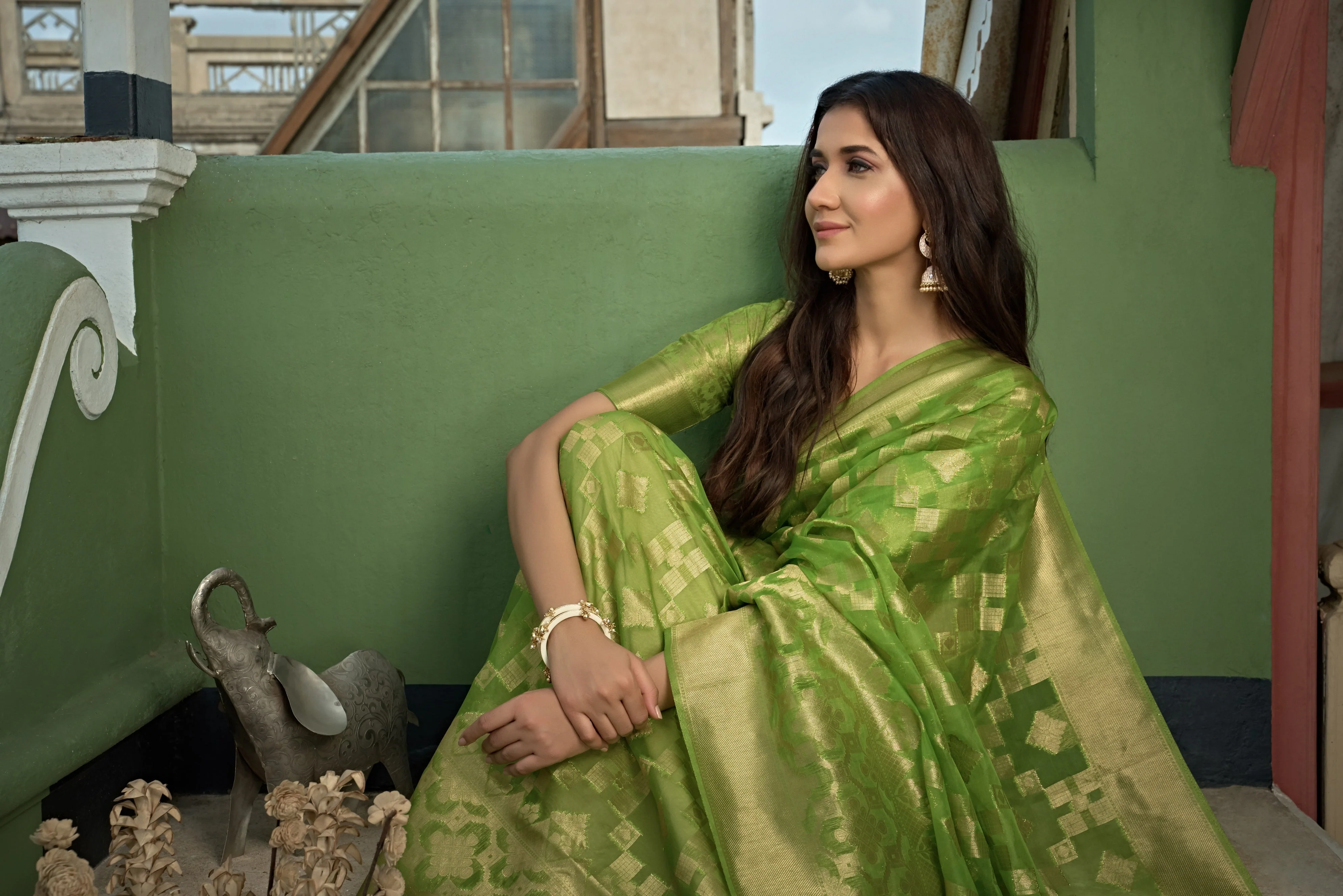 Lime Green Golden Zari Banarasi Organza Saree - Image 3