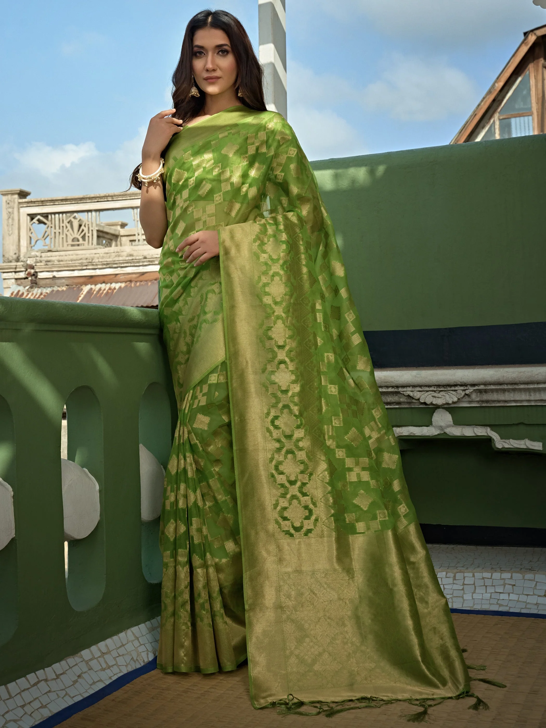 Lime Green Golden Zari Banarasi Organza Saree - Image 4