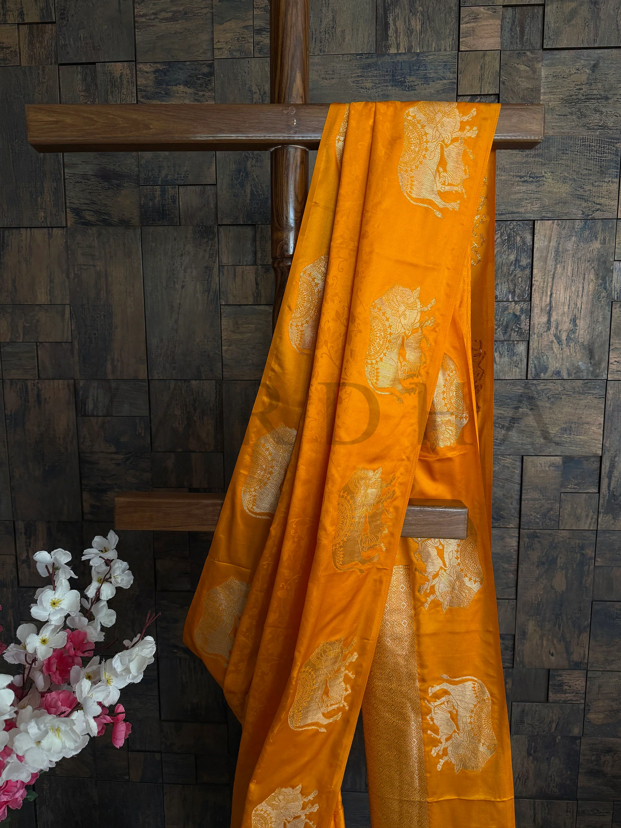 Marigold Orange Satin Silk Saree with Gold Zari - Image 3