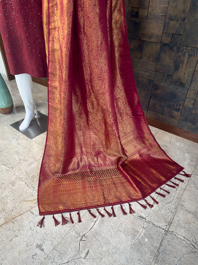 Maroon Kanjivaram Silk Saree & Rosette Sequin Kurta Ethnic Couple Set - Image 4