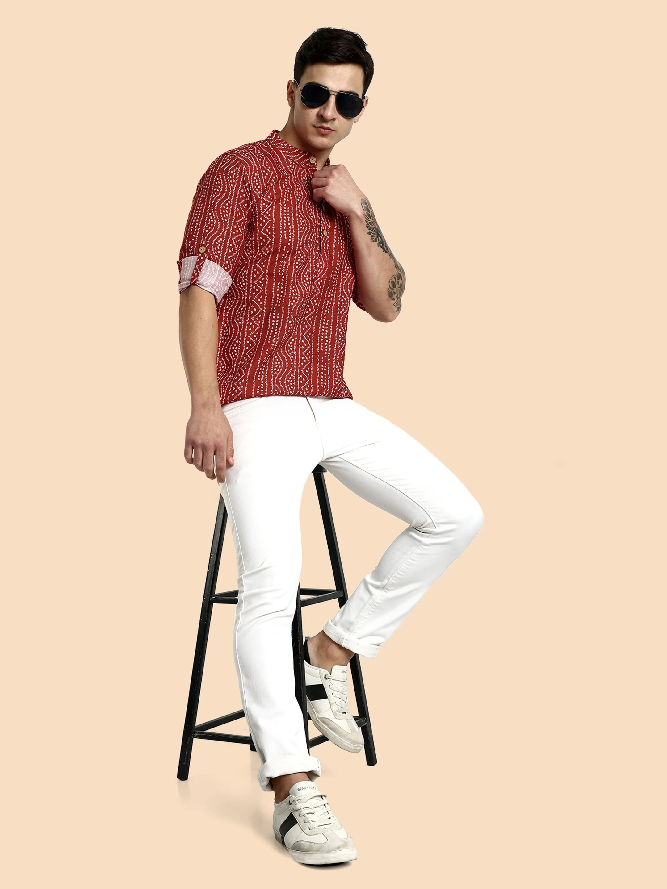 Maroon Printed  Men's Short Kurta - Image 6