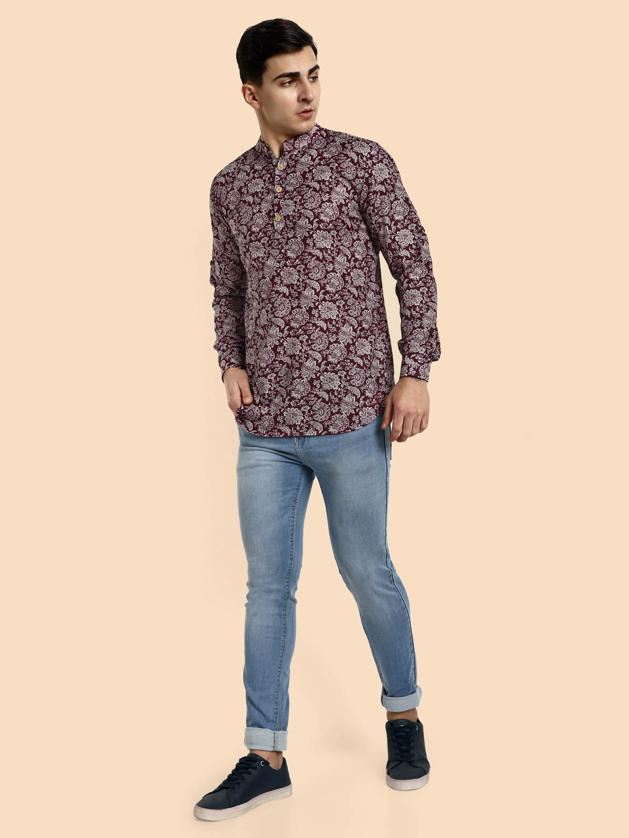 Maroon Printed Men's Short Kurta - Image 3