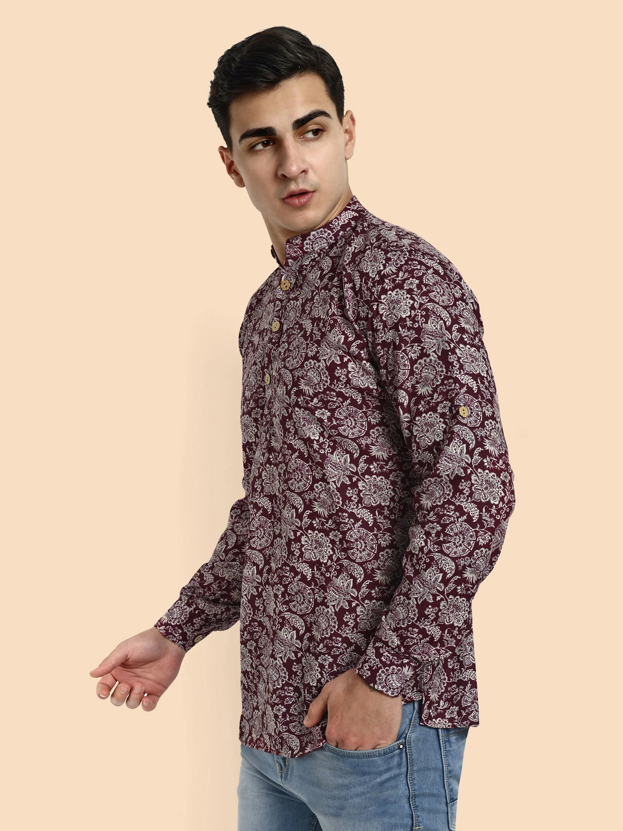 Maroon Printed Men's Short Kurta - Image 4