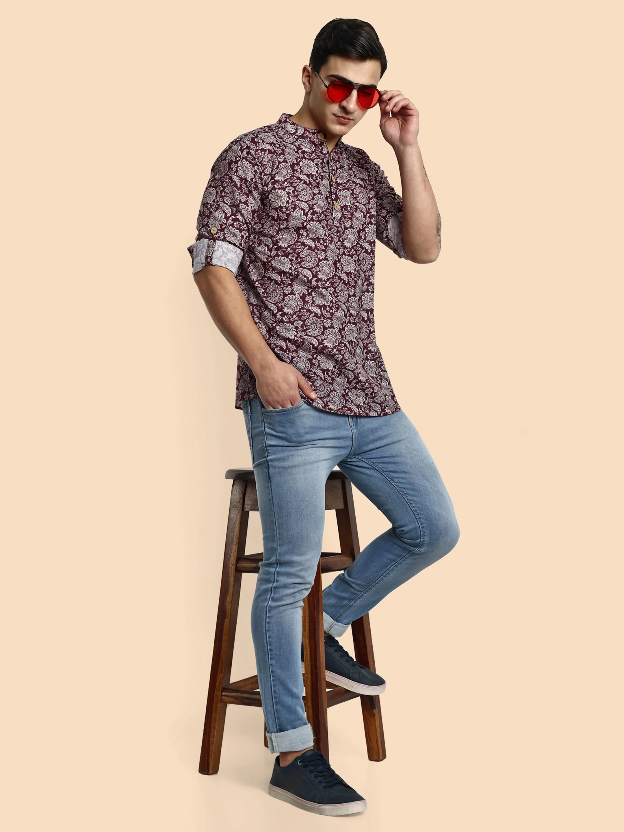 Maroon Printed Men's Short Kurta - Image 6