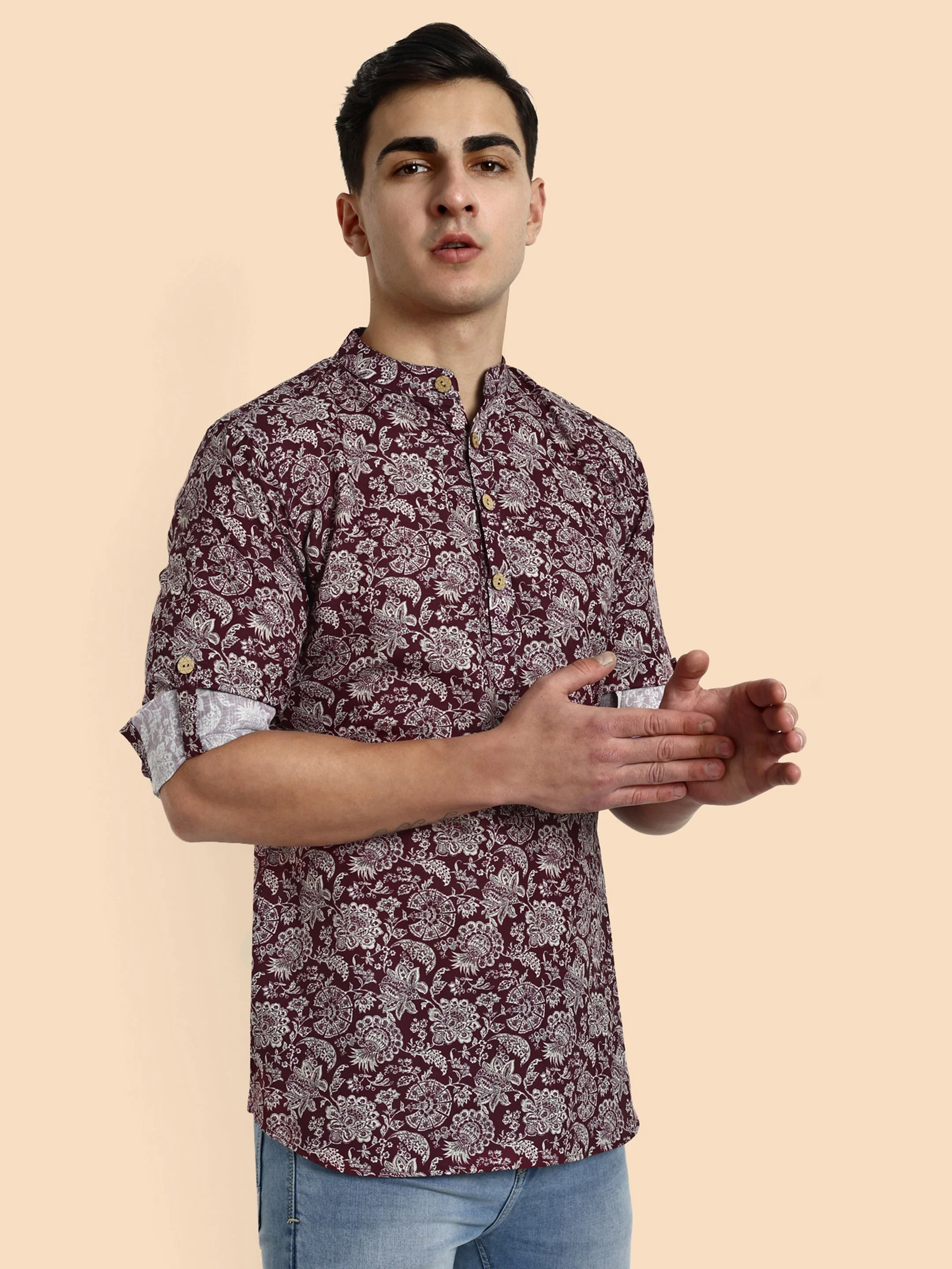 Maroon Printed Men's Short Kurta - Image 7