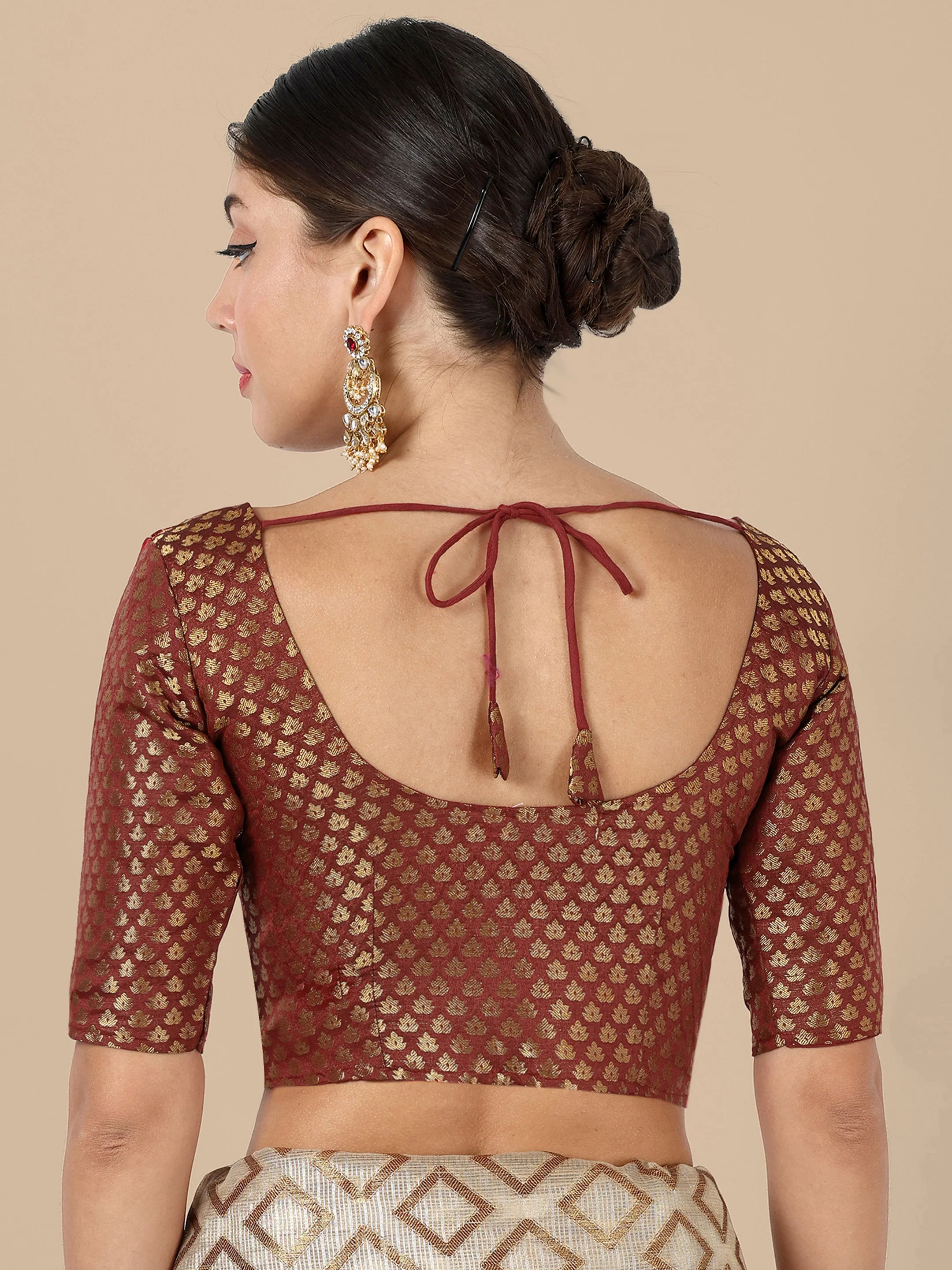 Maroon Round Neck Brocade Blouse - Image 3
