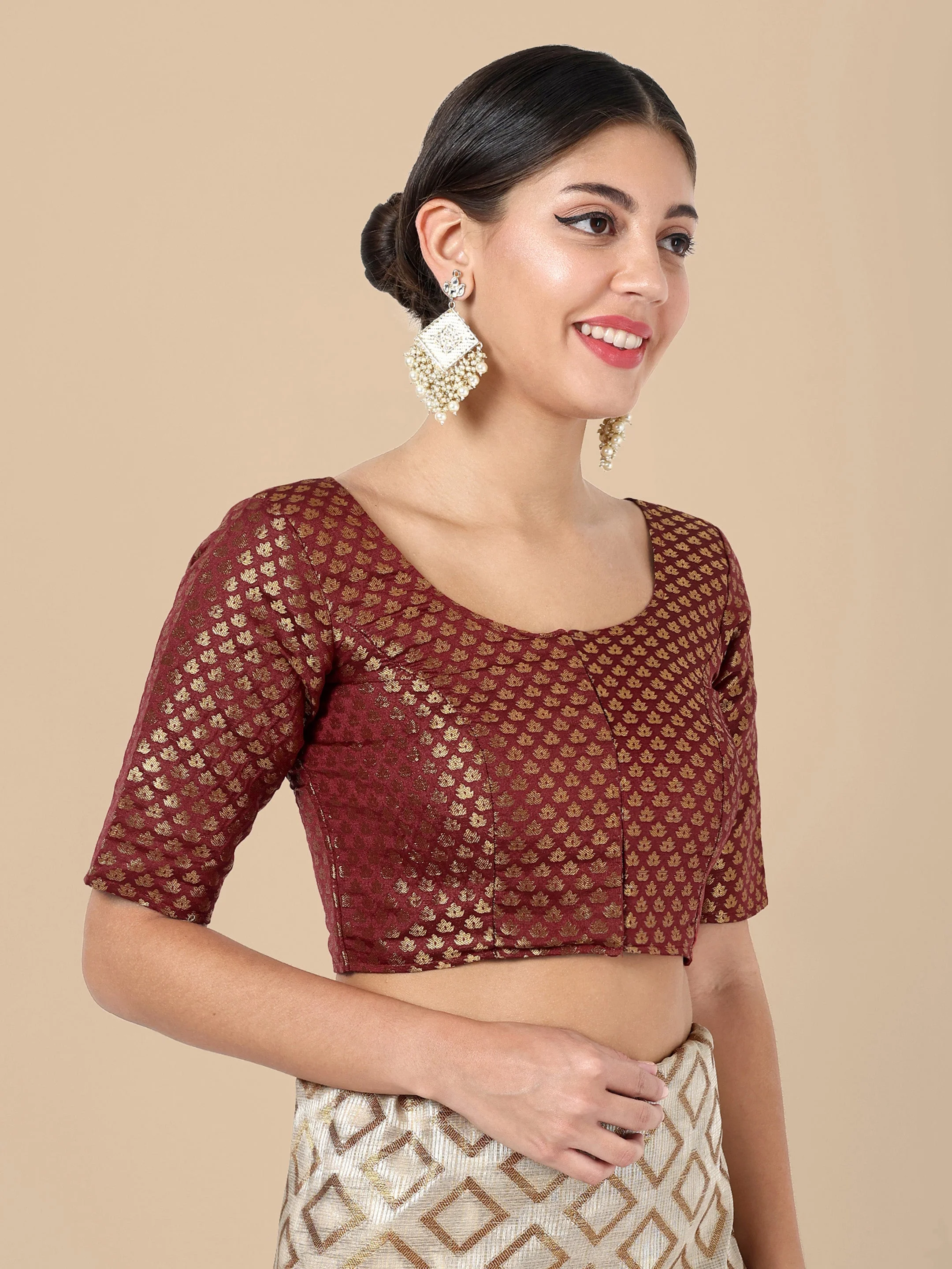 Maroon Round Neck Brocade Blouse - Image 4