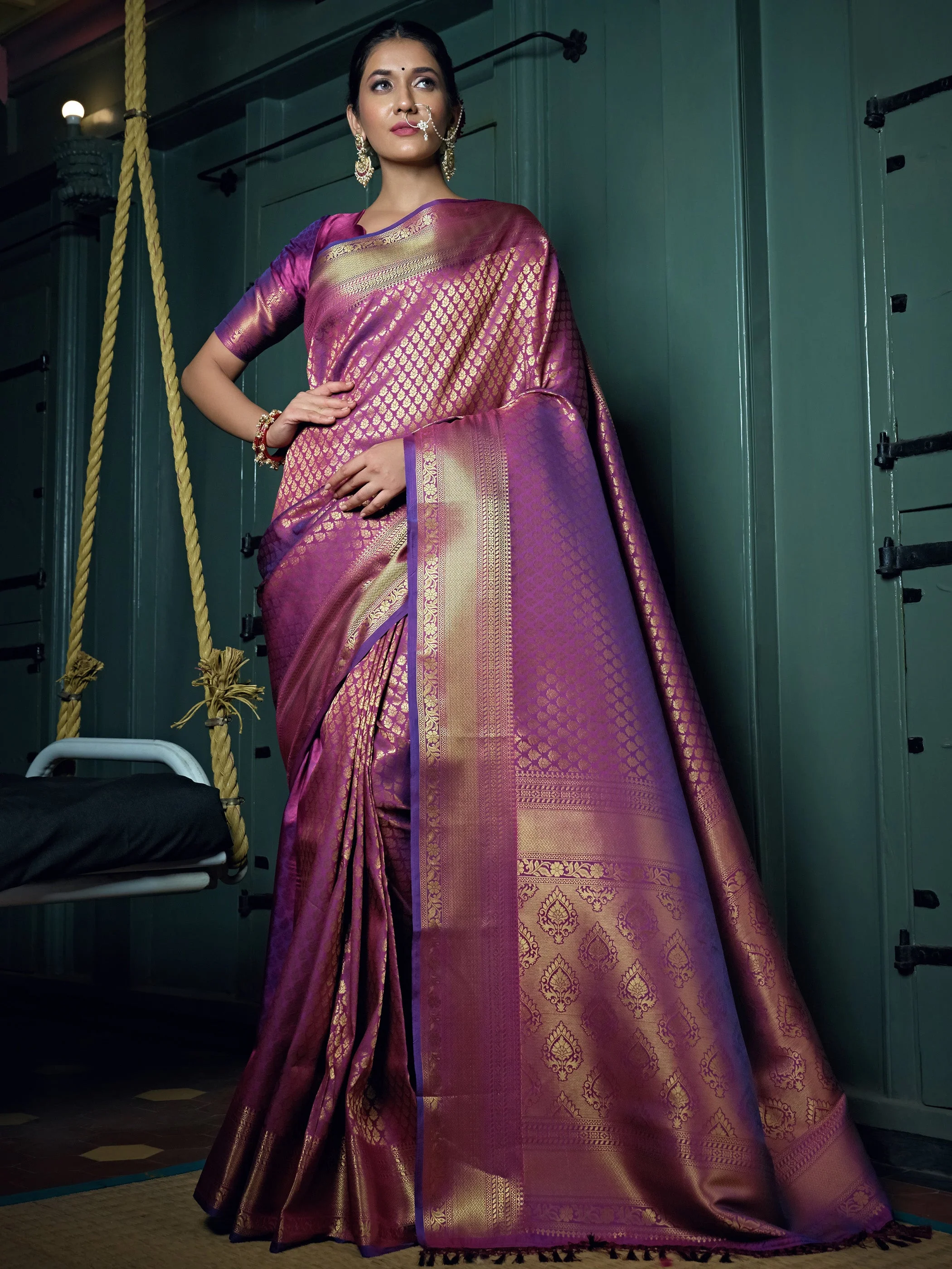 Mauve Purple Golden Zari Kanjivaram Silk Saree