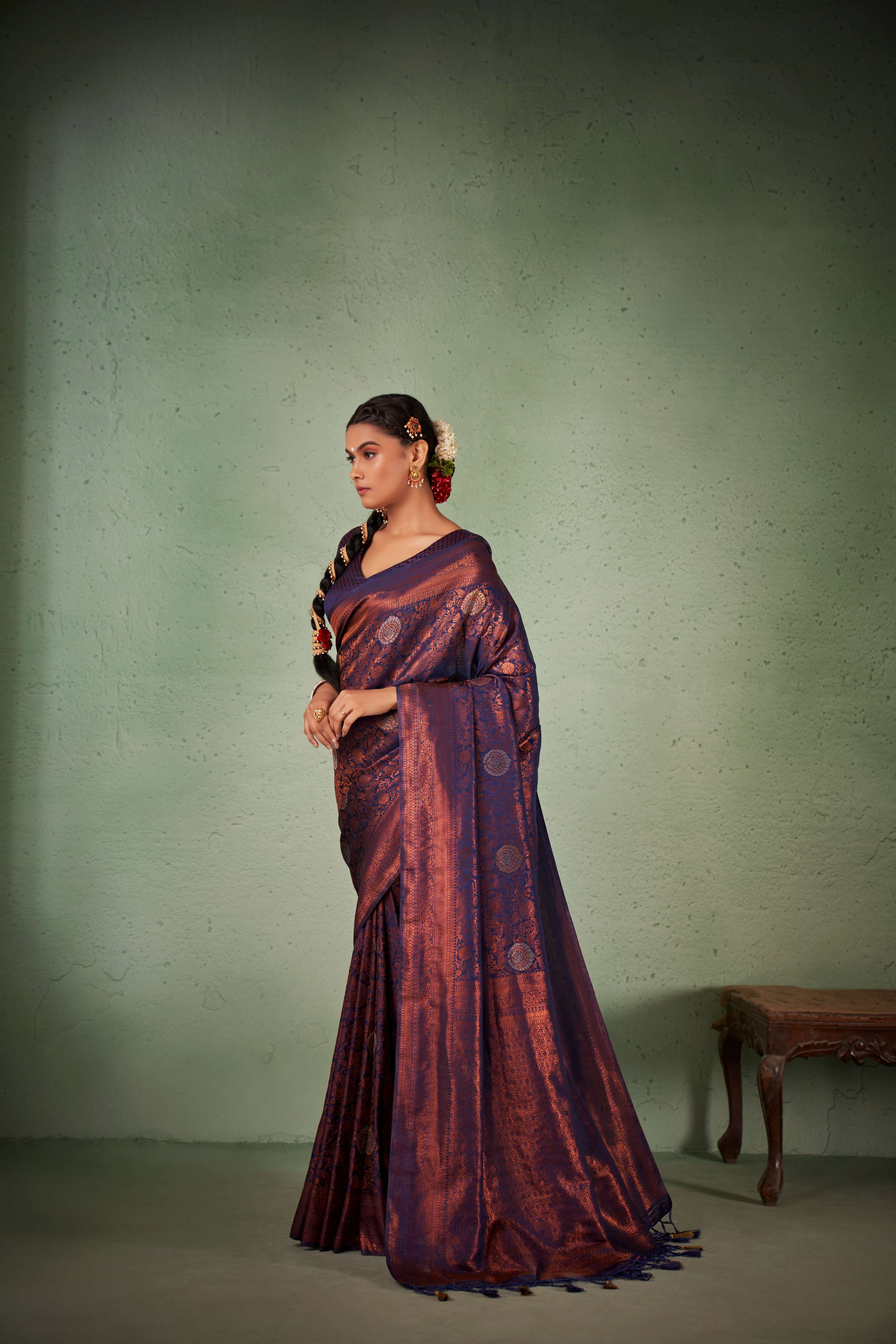 Midnight Blue Copper Zari Kanjivaram Silk Saree - Image 6