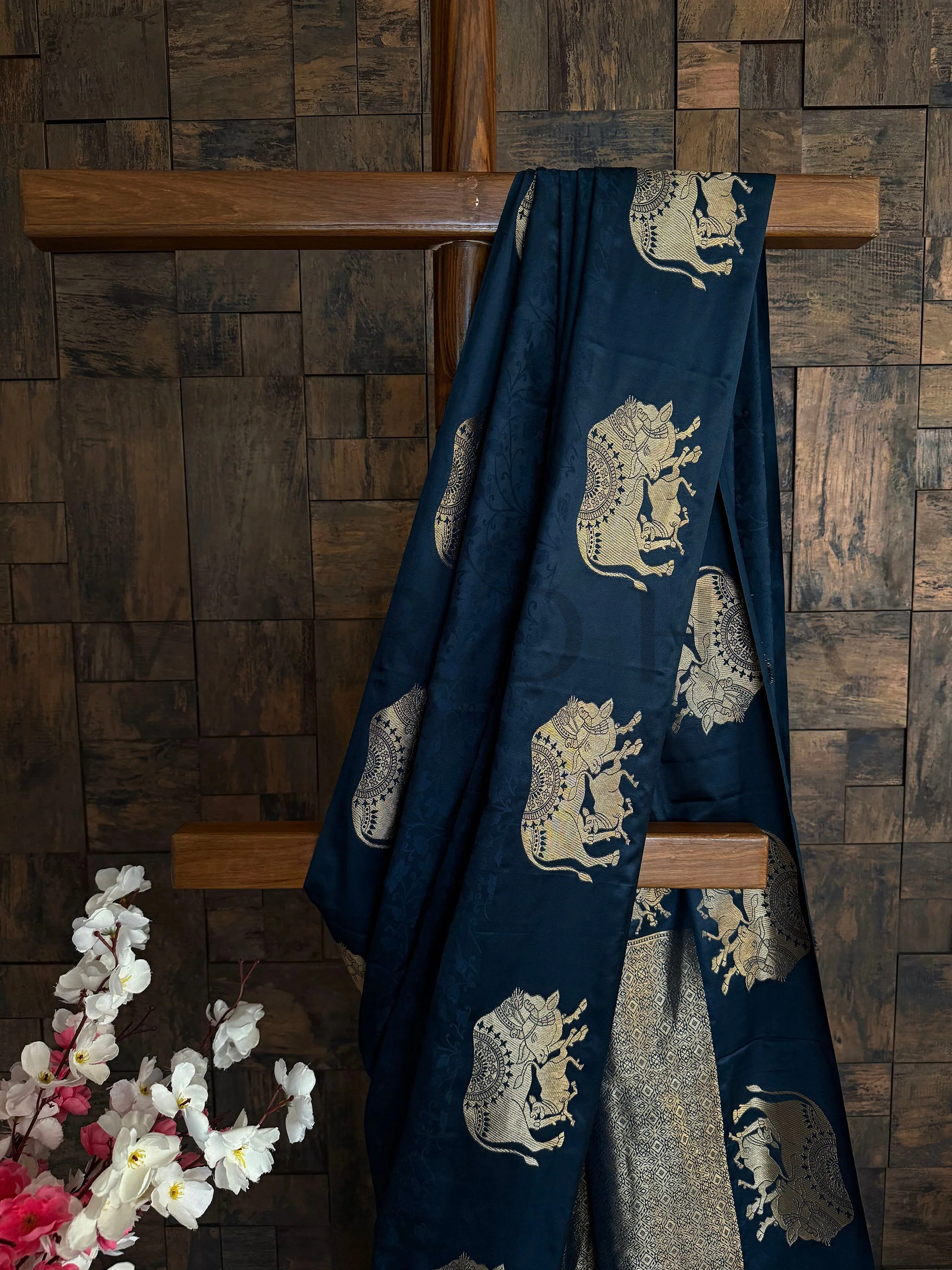 Midnight Blue Satin Silk Saree with Gold Zari - Image 3
