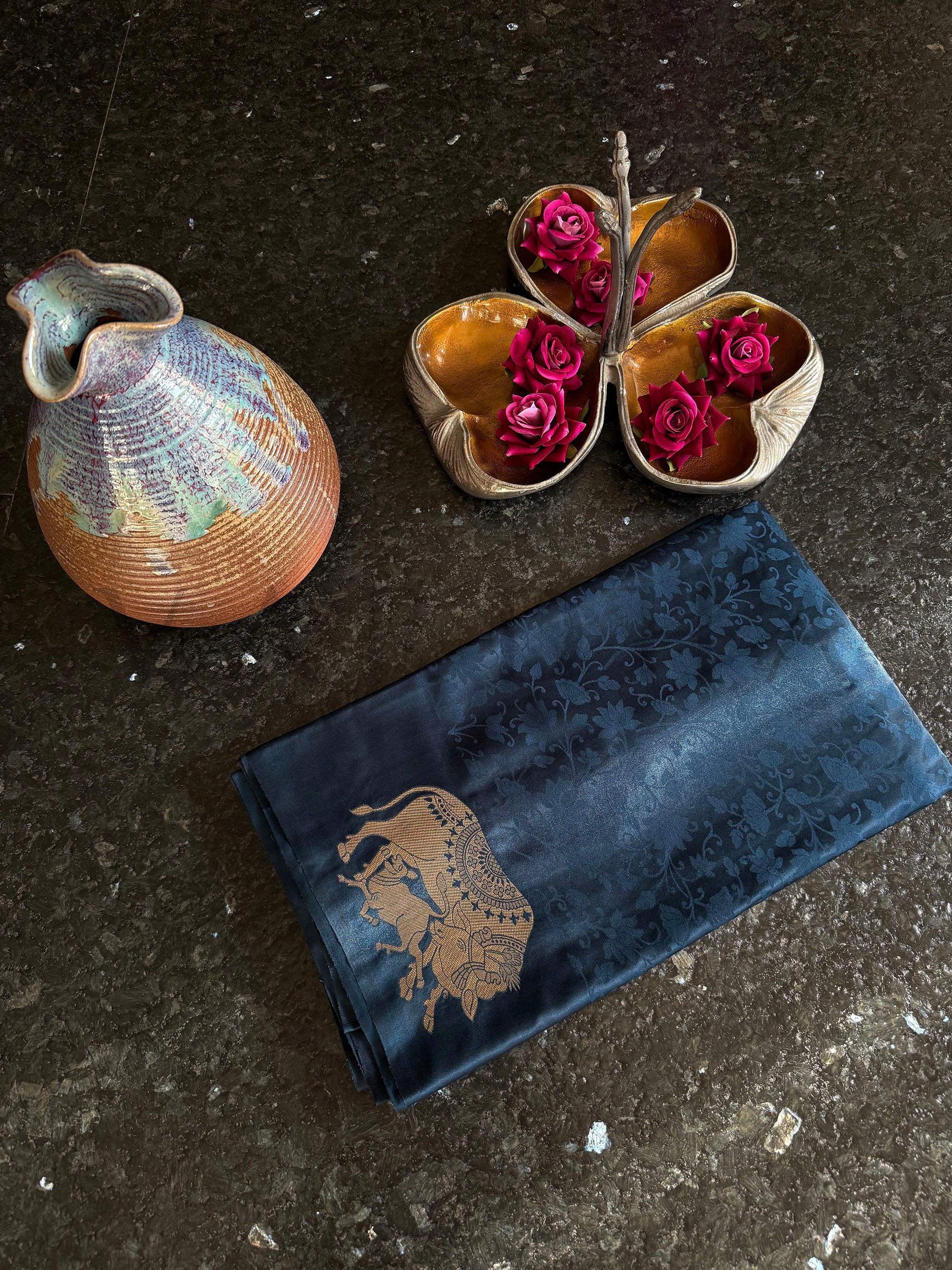 Midnight Blue Satin Silk Saree with Gold Zari - Image 4