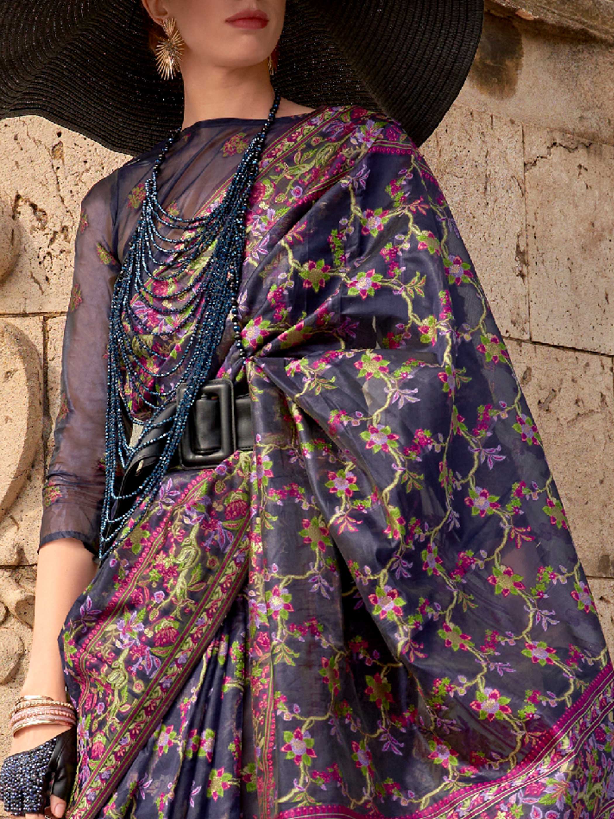 Midnight Navy Organza Silk Saree - Image 4
