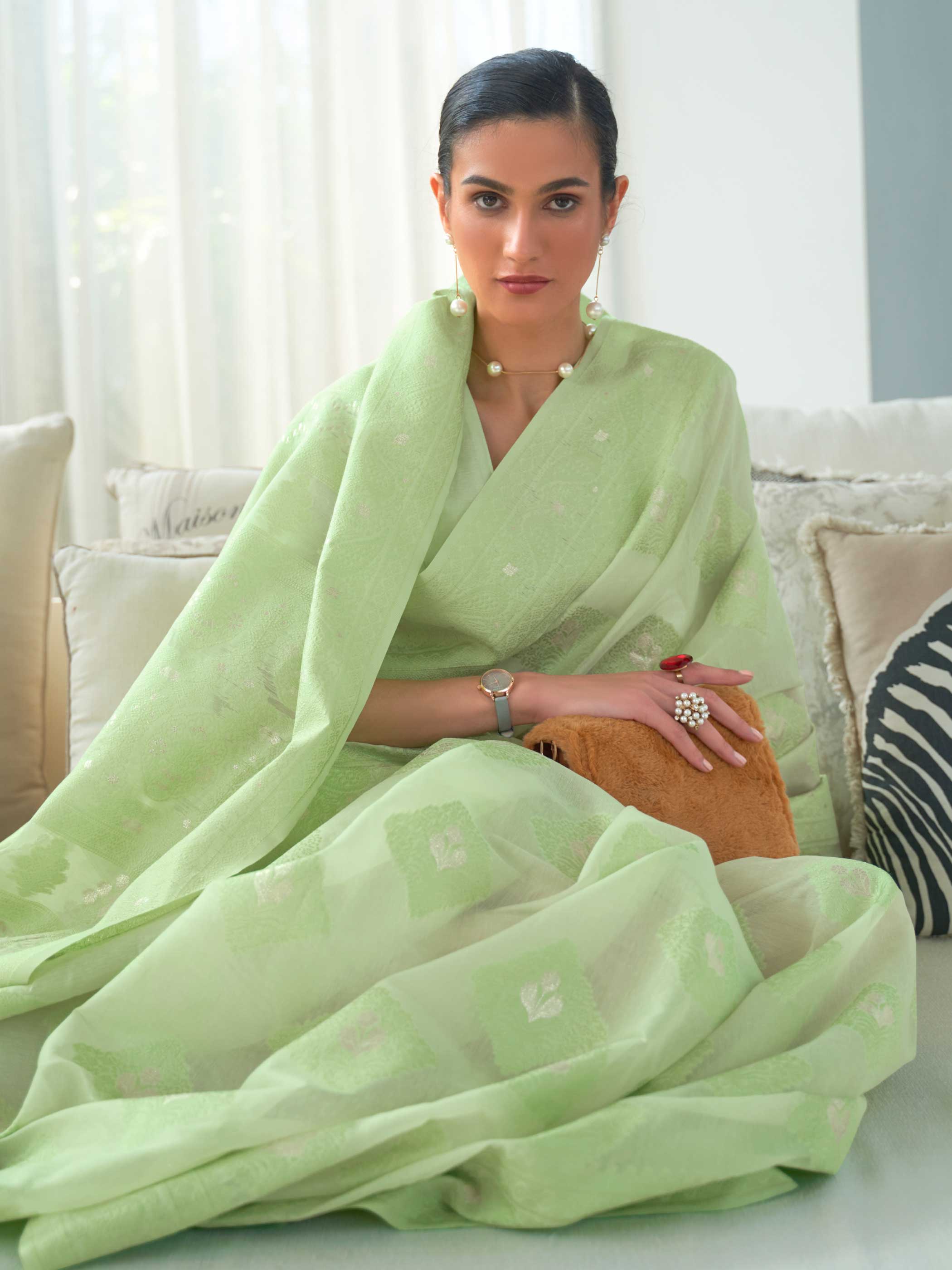 Mint Green Lucknowi Chikankari Saree - Image 4