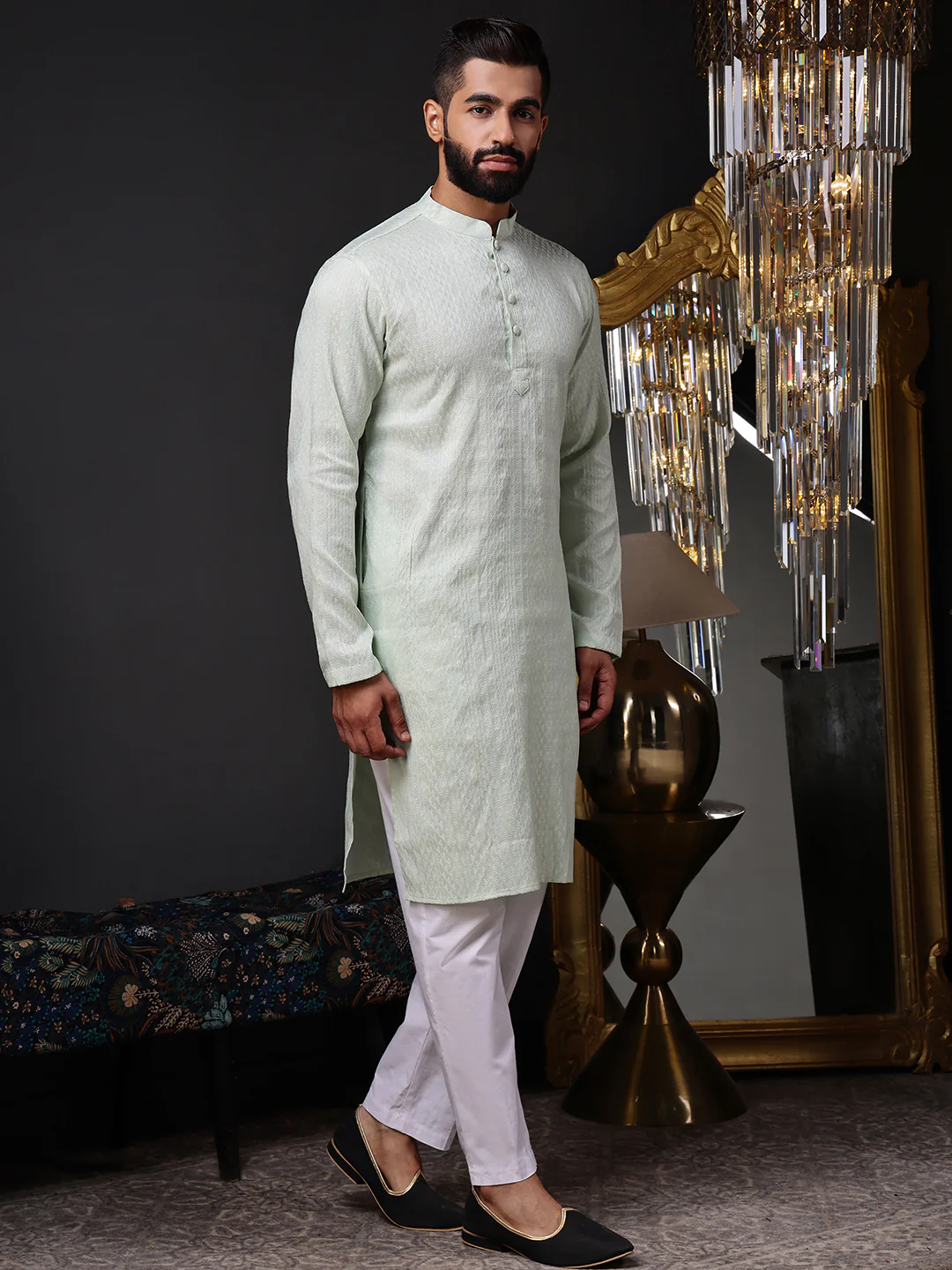 Mint Green Textured Jacquard Kurta with Mini Motifs - Image 6