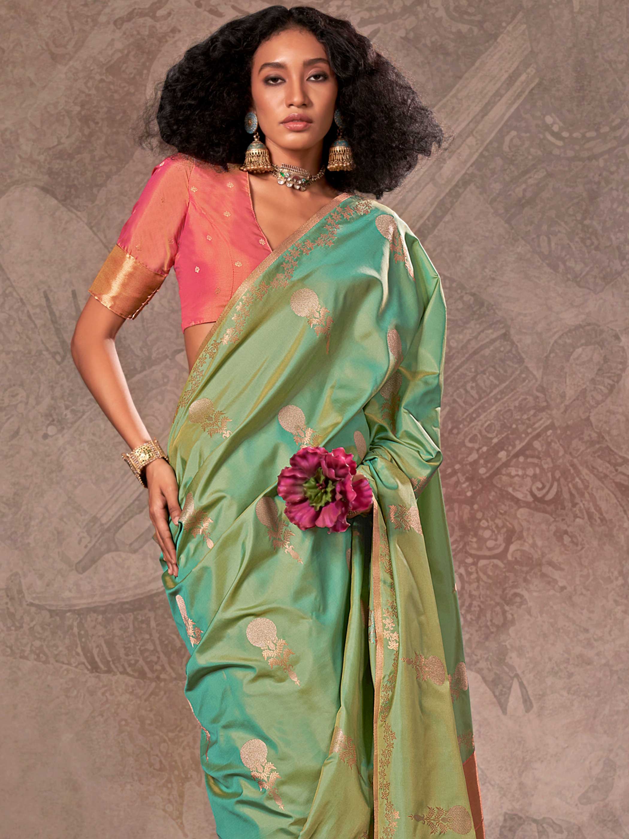 Mint Green Two-Tone Satin Silk Saree with Woven Zari - Image 2