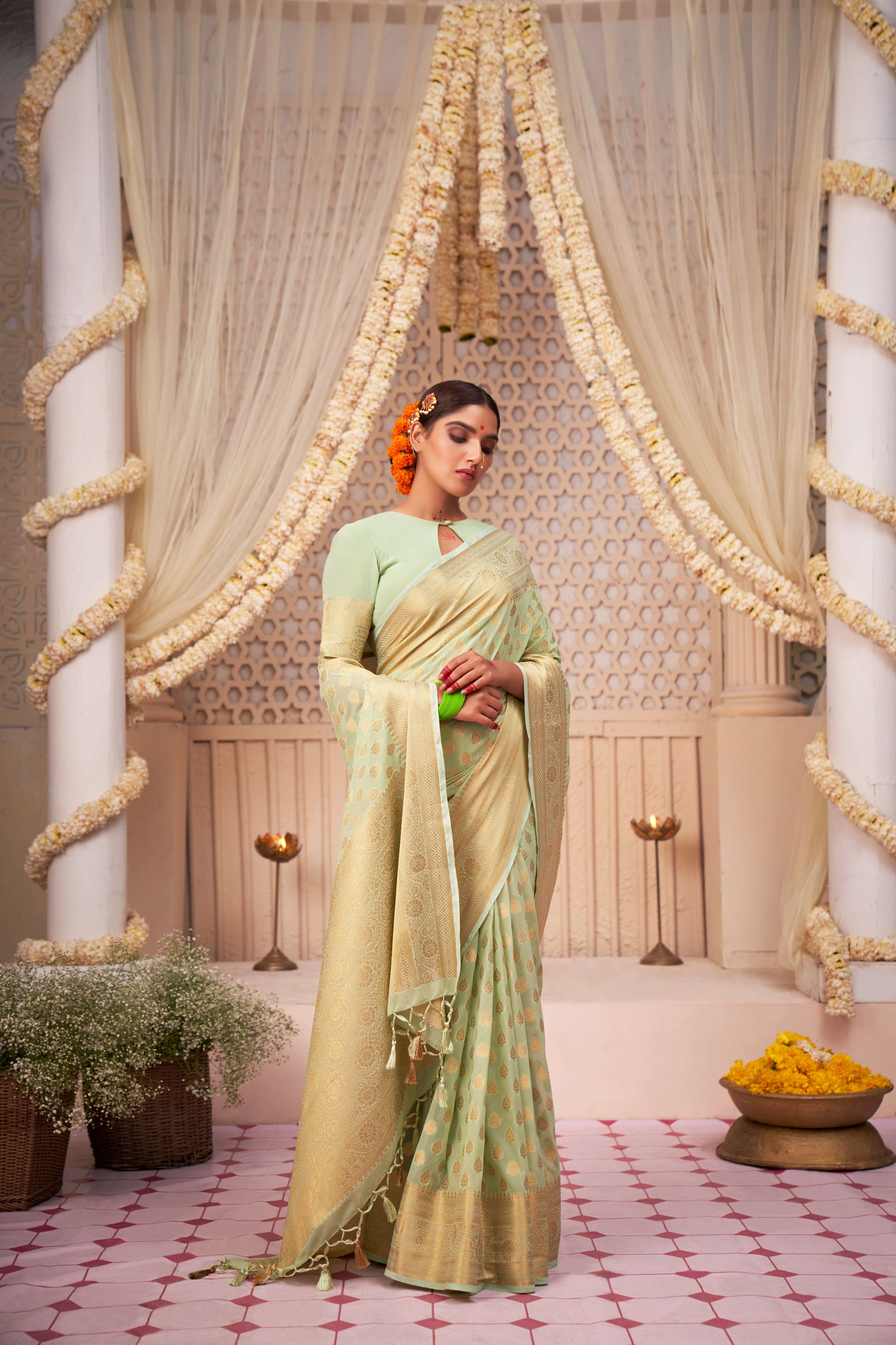 Moss Green Gold Zari Georgette Viscose Saree - Image 5