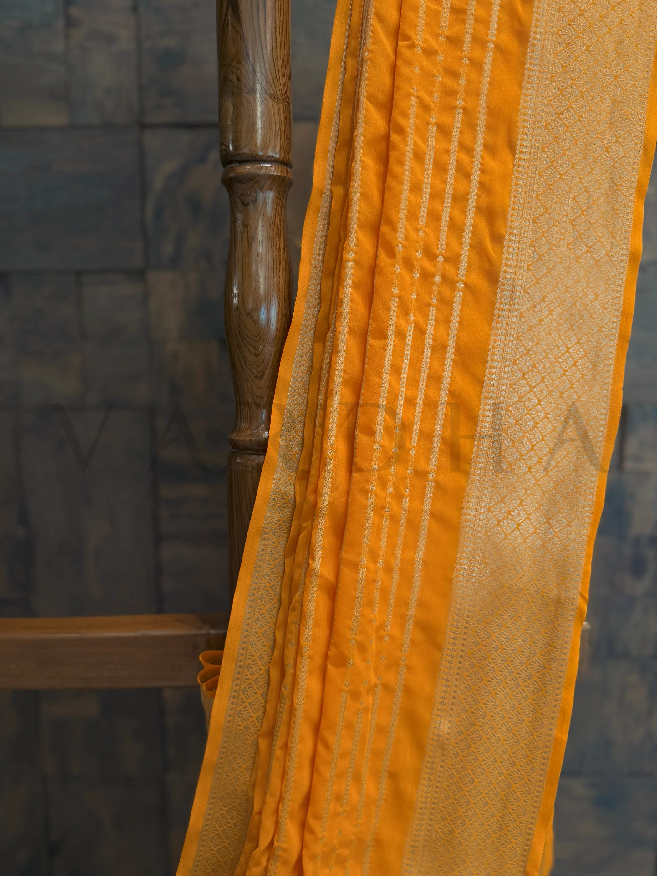 Mustard Yellow Feather Soft Georgette Saree With Gold Zari - Image 4