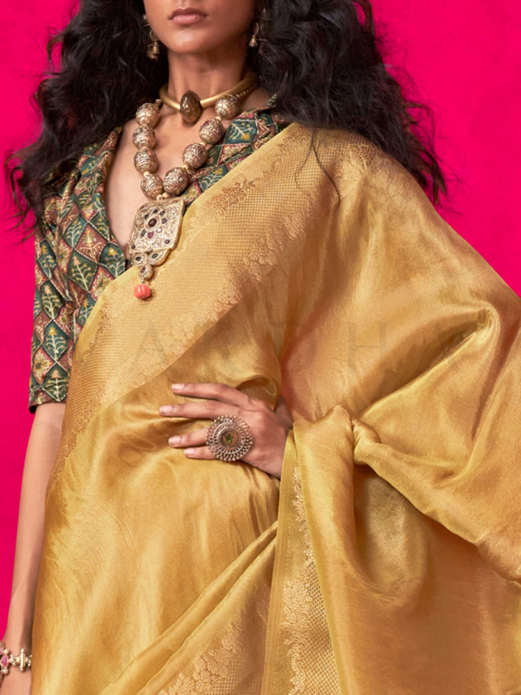 Mustard Tissue Viscose Silk Saree with Woven Zari Work - Image 4