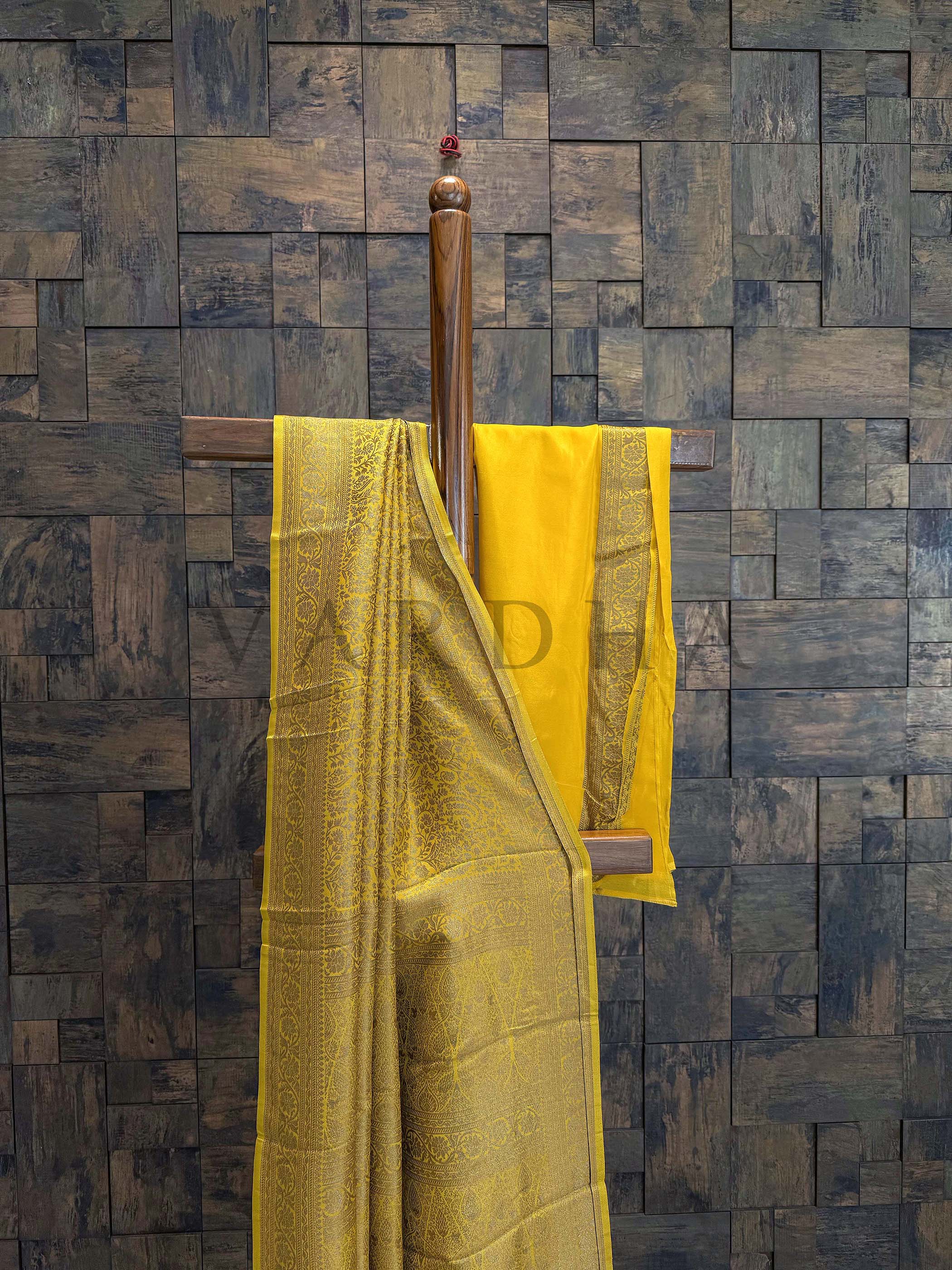 Mustard Yellow Golden Zari Pure Mysore Silk Saree - Image 3