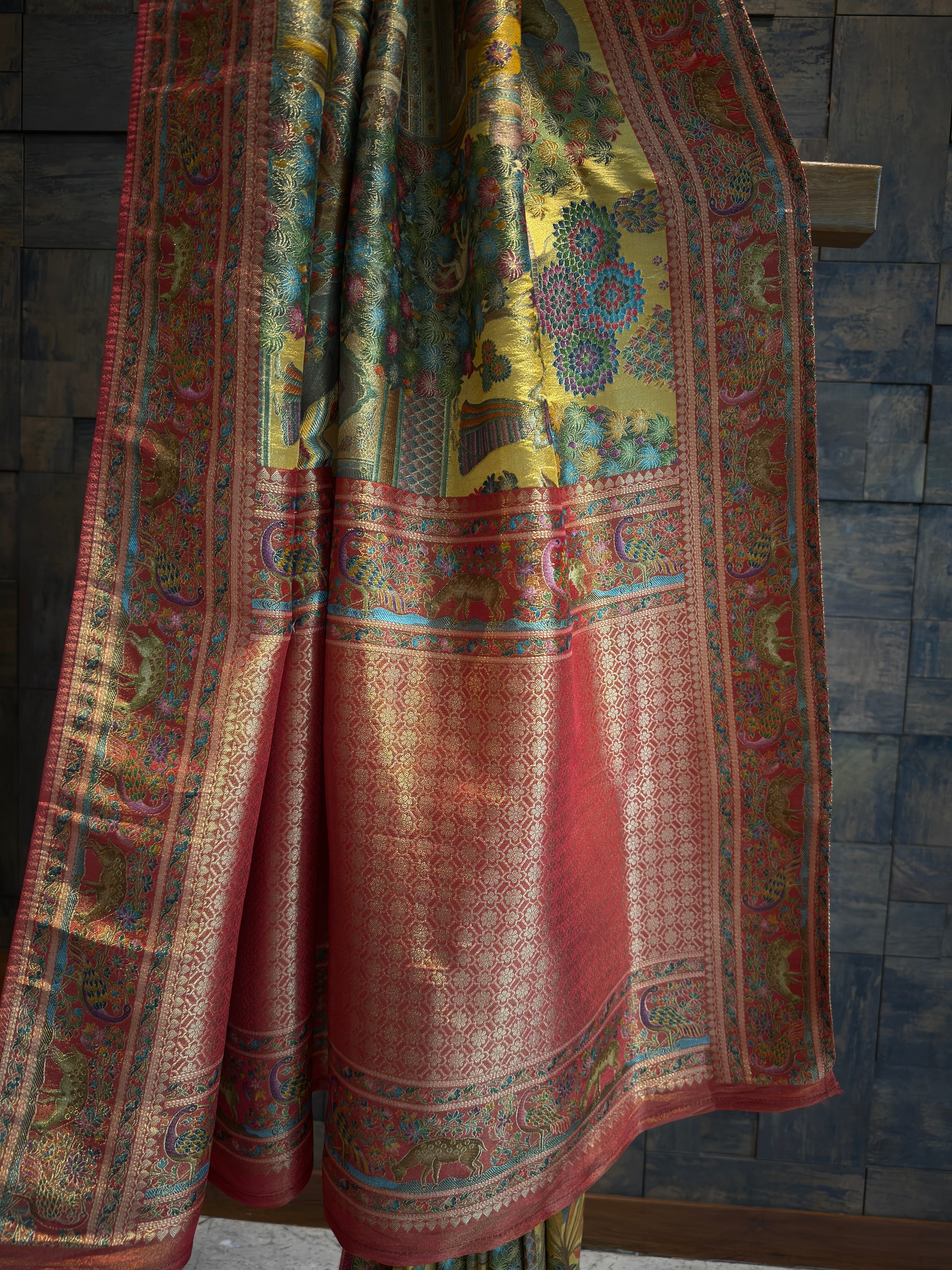 Mustard Yellow Mughal Motif Banarasi Katan Silk Saree with Pink Tissue Blouse - Image 3