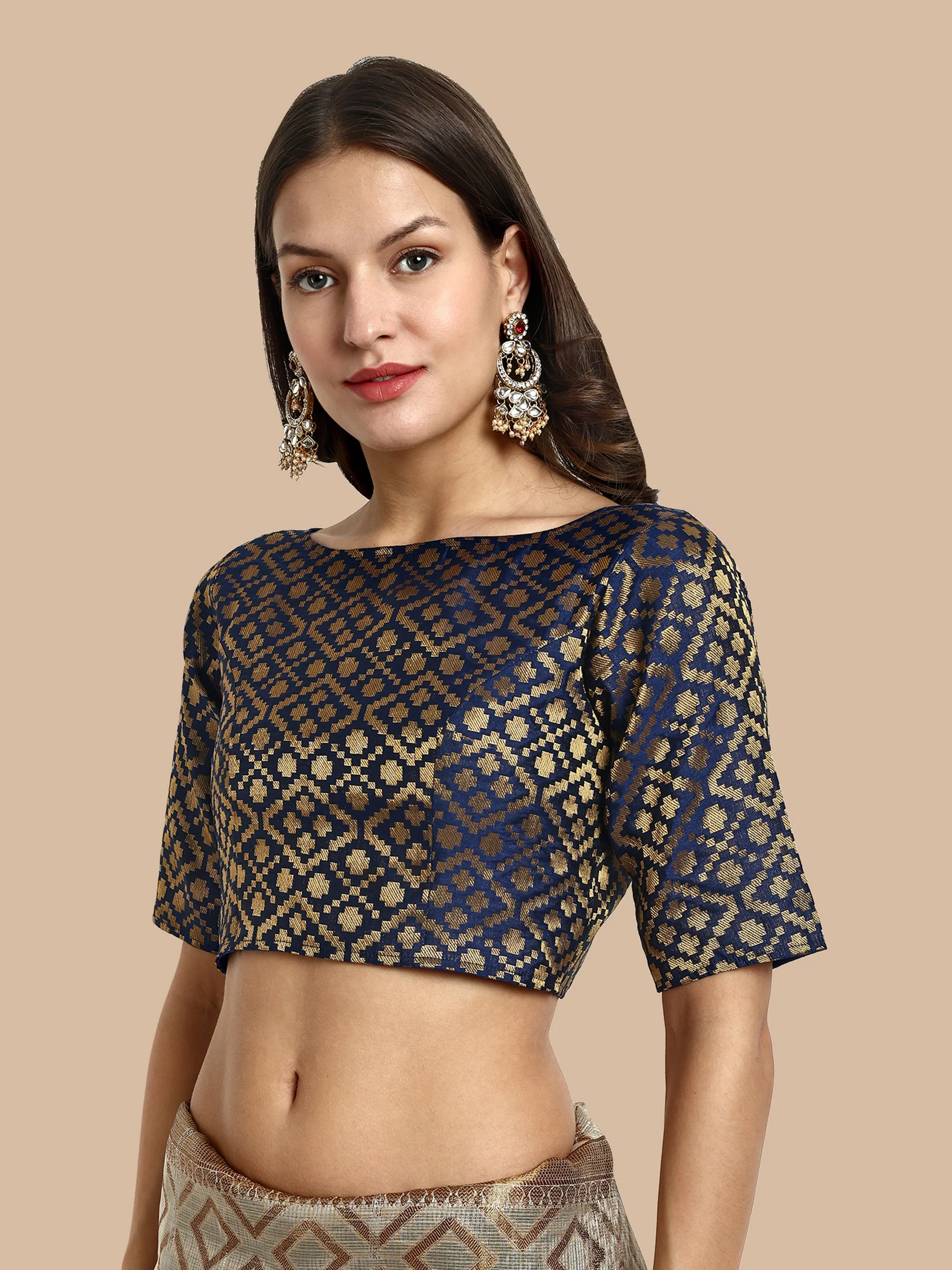 Navy Blue Boat Neck Brocade Blouse - Image 3