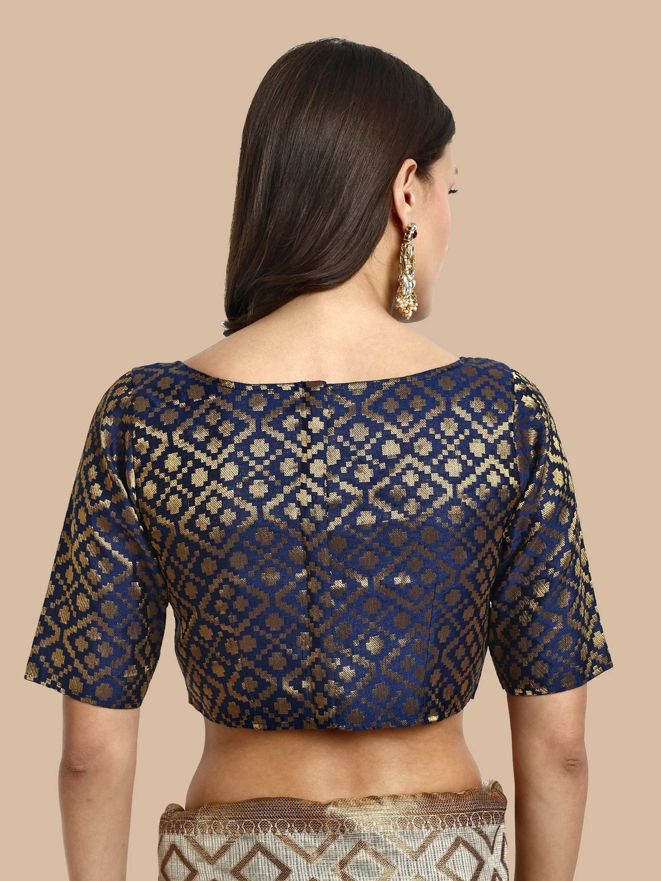 Navy Blue Boat Neck Brocade Blouse - Image 4