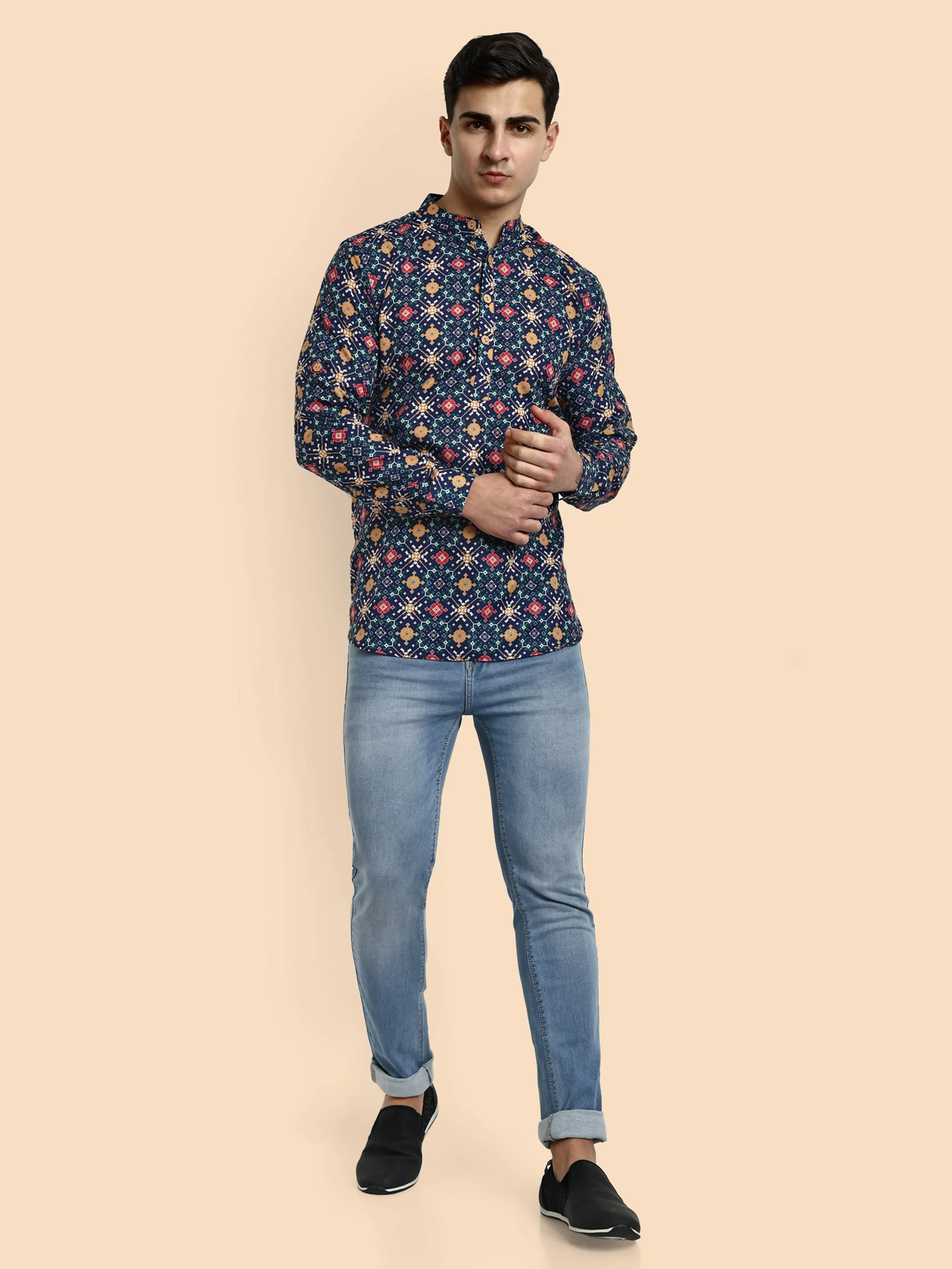 Navy Blue Printed Men's Short Kurta - Image 3