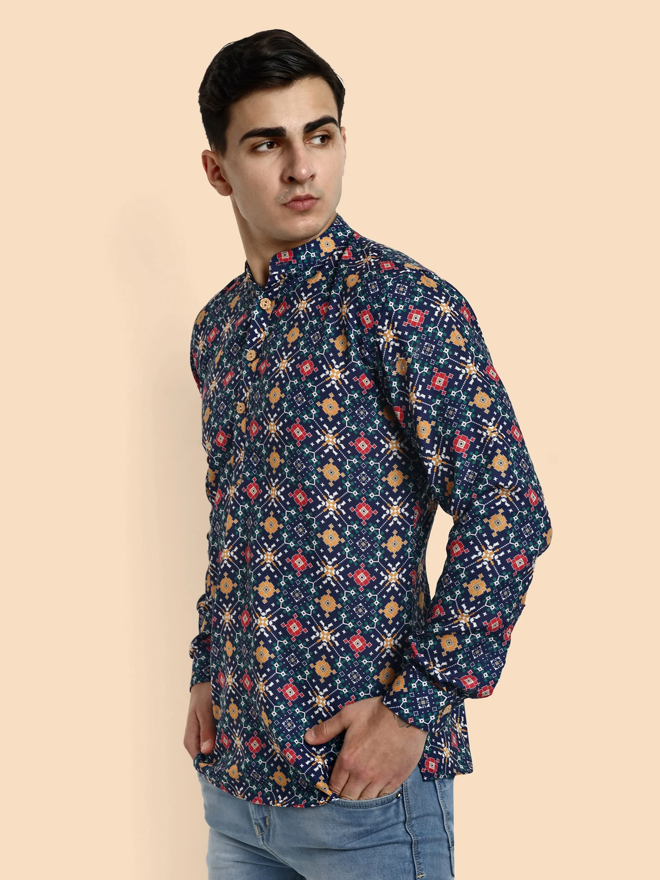 Navy Blue Printed Men's Short Kurta - Image 4