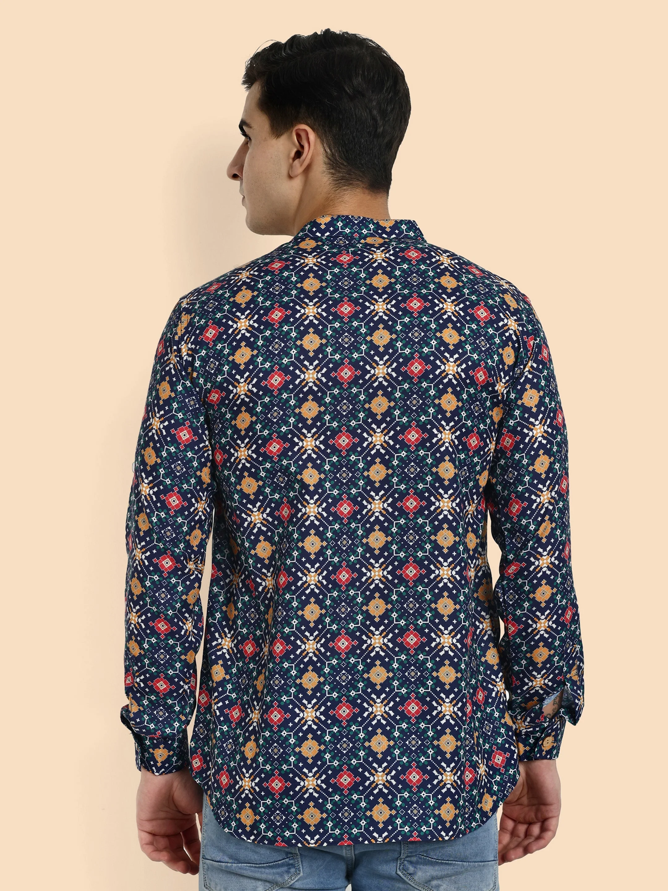 Navy Blue Printed Men's Short Kurta - Image 5
