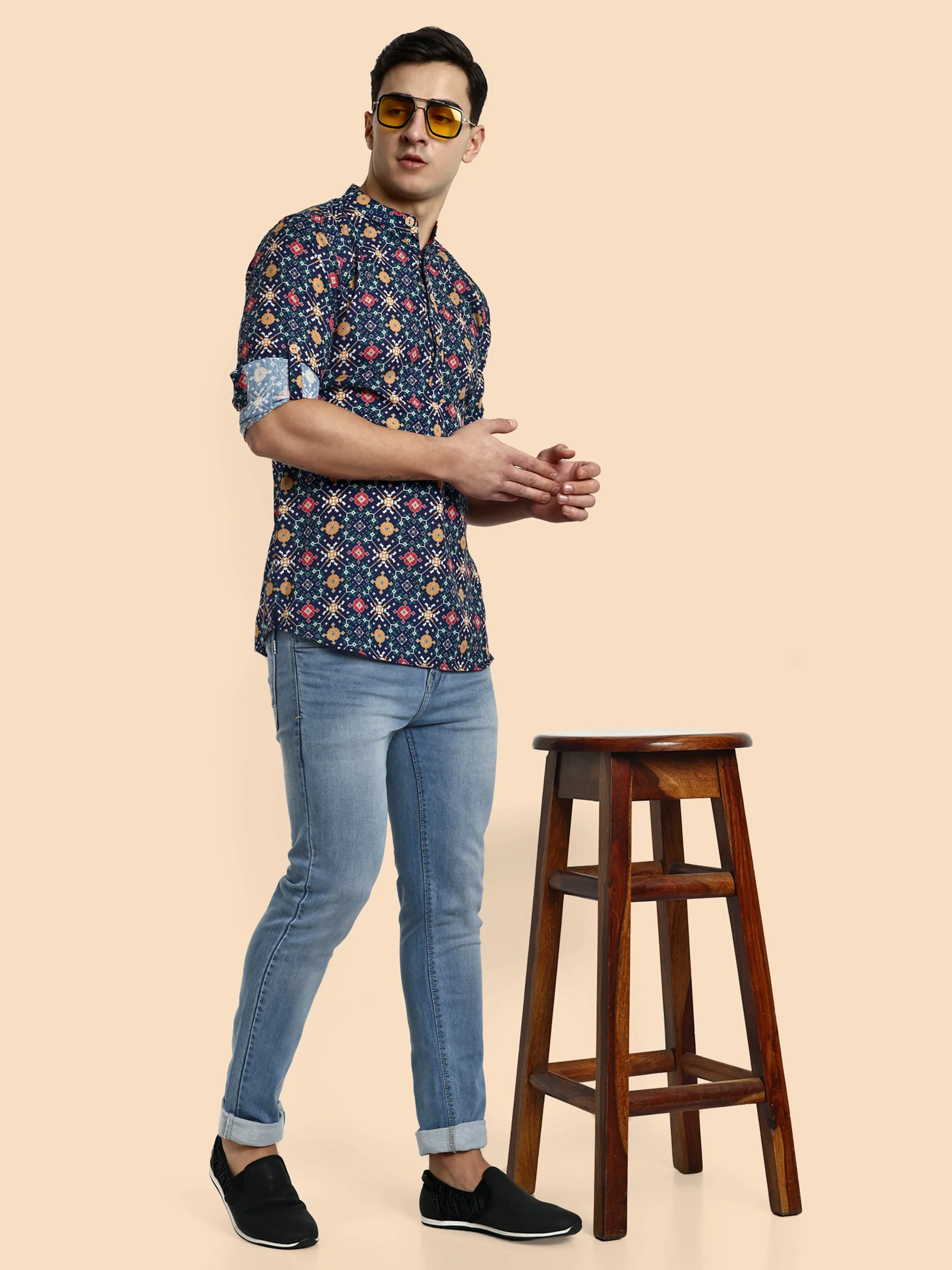 Navy Blue Printed Men's Short Kurta - Image 6